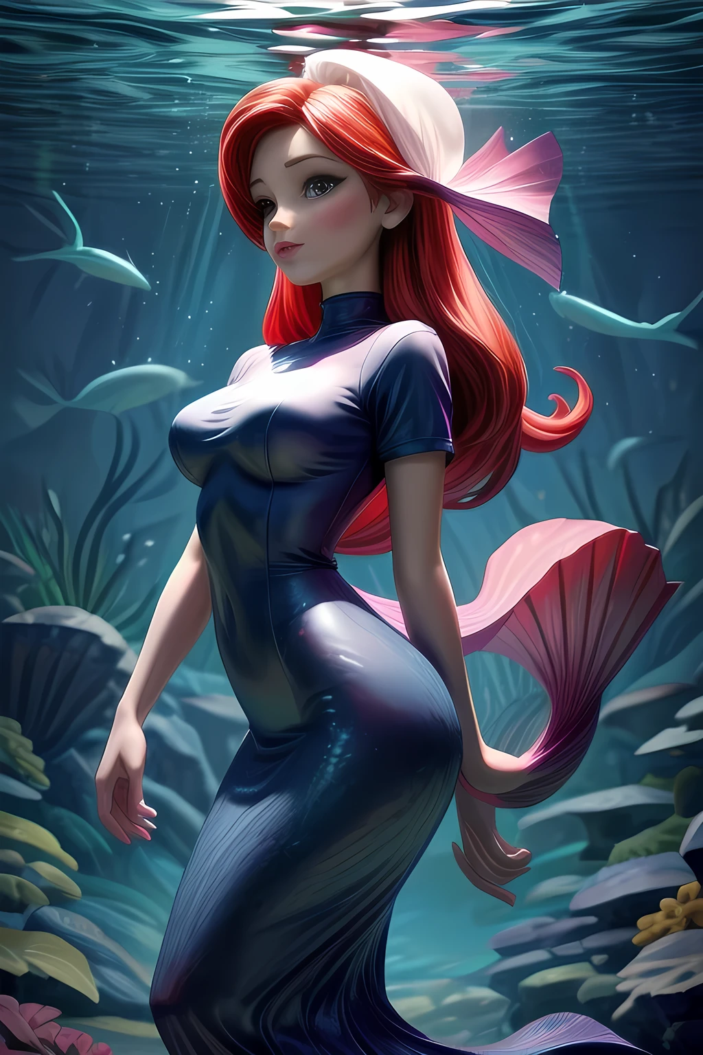 The Little Mermaid, under the sea, detailed fish tail, high-neck shirts, front view, large breasts