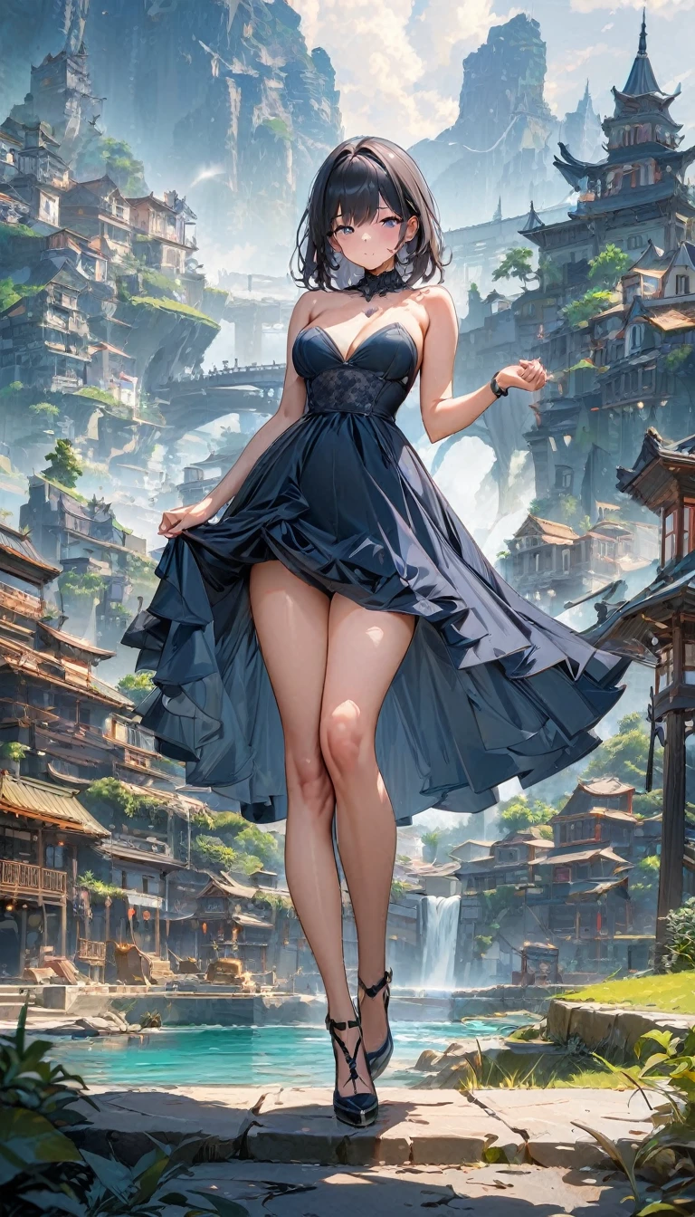 The best of Masterpiece, the best of landscapes on city, Improved quality, the best of shadow, High quality, Good anatomy, Healthy body, Whole fingers, Normal digits, 16k quality image, Girl, beautiful girl, perfect body, full body, perfect girl, perfect skin, strapless dress,