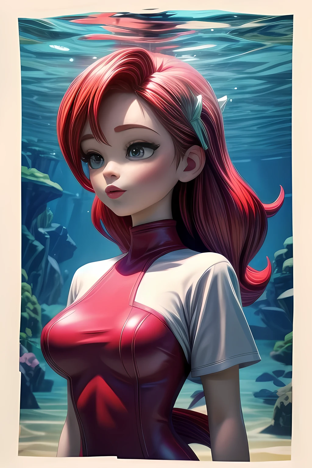 The Little Mermaid, under the sea, detailed fish tail, high-neck shirts, front view, large breasts