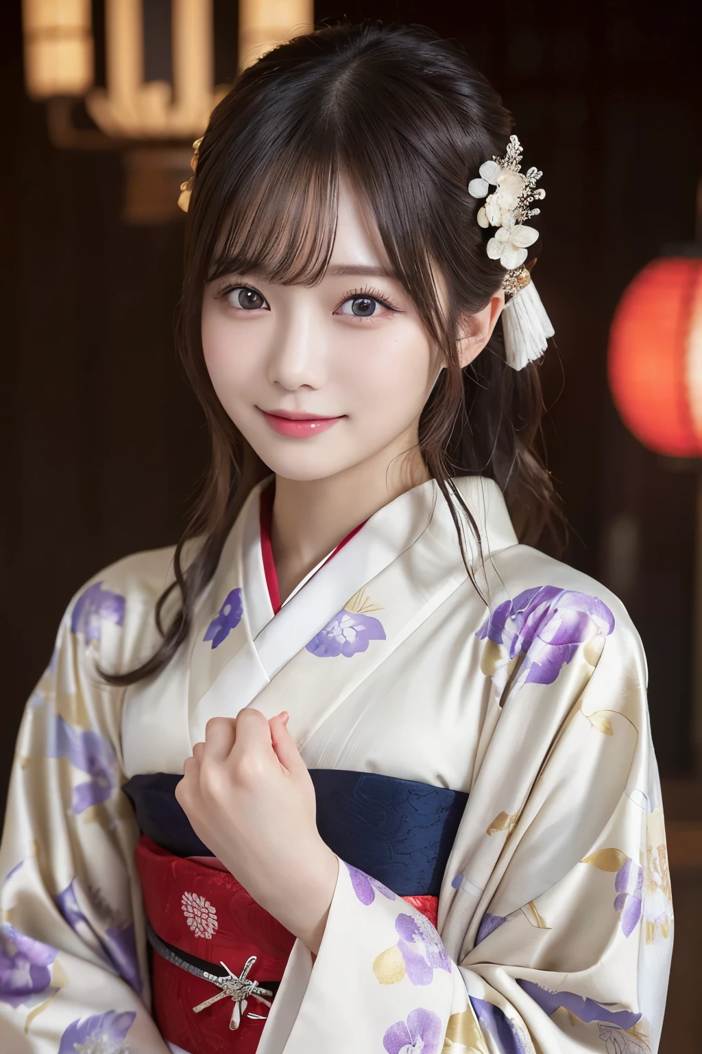 (formal kimono)、masterpiece、beautiful girl、Beautiful detailed eyes、highest quality, 超A high resolution, (reality: 1.3), Cinema Lighting、(Japanese Girls)、so beautiful、Beautiful Skin、(Looking at the audience)、(Surreal)、(High resolution)、(8k)、(Very detailed)、(Beautiful fine details)、(Very detailed)、 (wallpaper)、Detailed face、Bright lighting、Professional Lighting、Smile