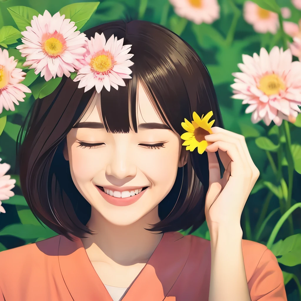 bob hair、 illustration、kind、suffocating、Calm、woman、smile、Healing、Spring