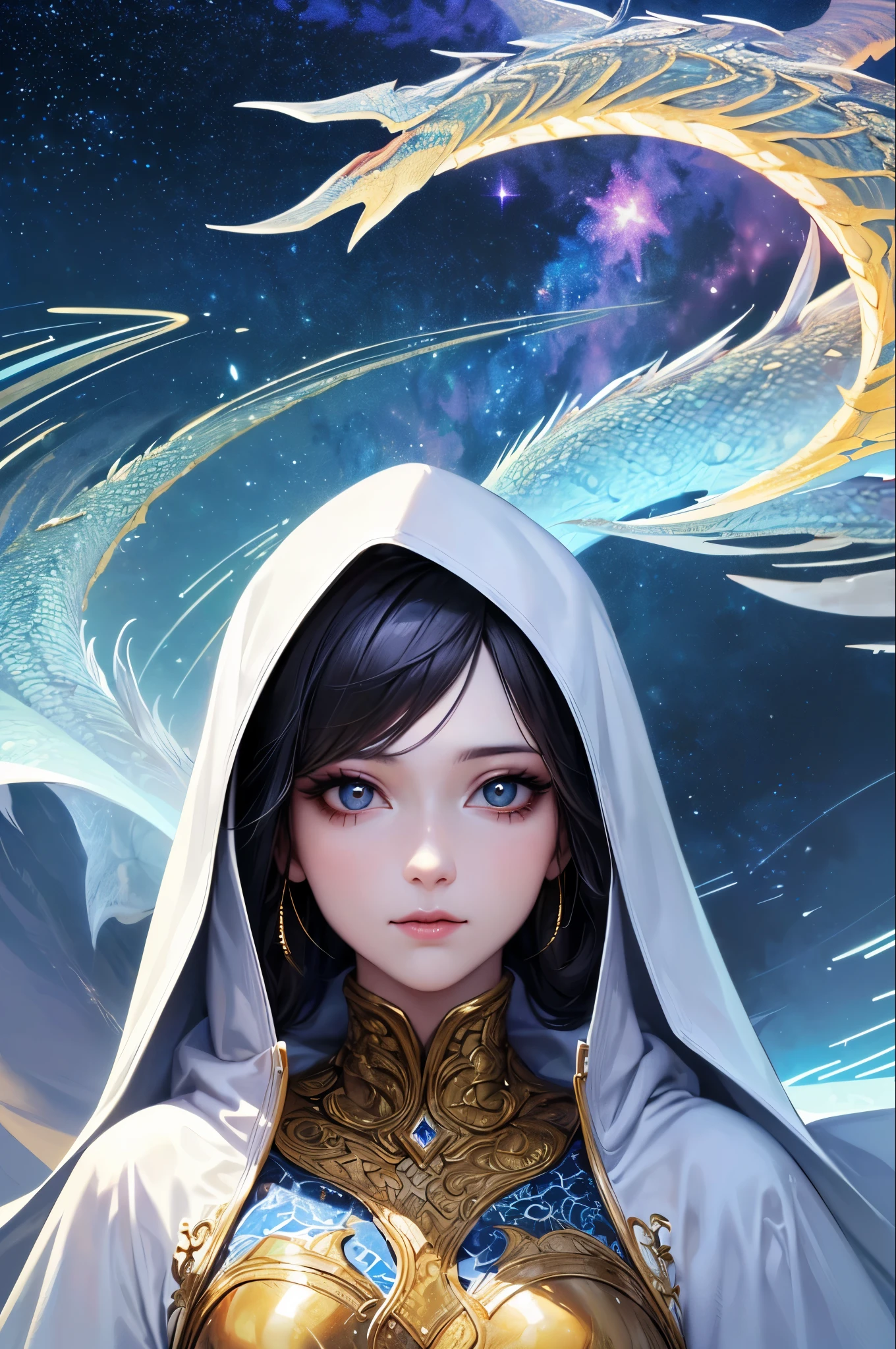 (masterpiece, highest quality, highest quality, Official Art, beautifully、aesthetic:1.2), (One girl), Highly detailed eyes, (Fractal Art:1.3), colorful, Most detailed, (Perfect Face), Shiny skin, High resolution, (White cloak, golden lines:1.2), Milky Way, (Streaks of Light), Impressive visuals, (Dynamic stripes, Light trail:1.2), Vibrant colors, (Phoenix), (Dragon)