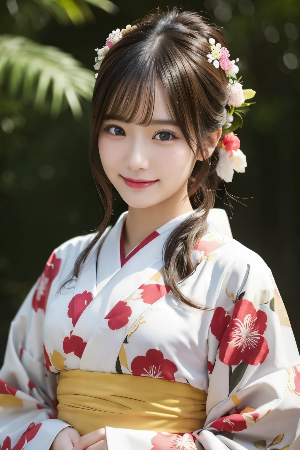(Formal kimono and obi tying)、masterpiece、beautiful girl、Beautiful detailed eyes、highest quality, 超A high resolution, (reality: 1.3), Cinema Lighting、(Japanese Girls)、so beautiful、Beautiful Skin、(Looking at the audience)、(Surreal)、(High resolution)、(8k)、(Very detailed)、(Beautiful fine details)、(Very detailed)、 (wallpaper)、Detailed face、Bright lighting、Professional Lighting、Smile