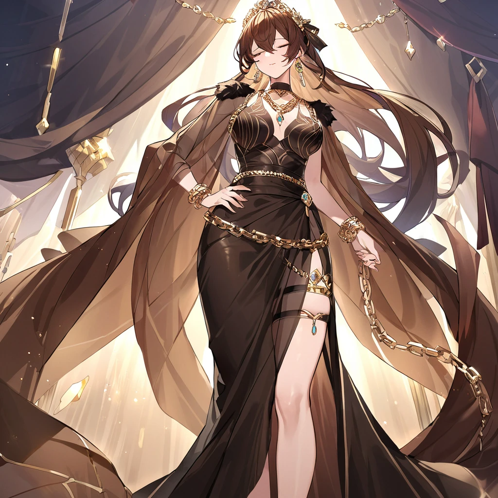 ((highest quality)), ((masterpiece)), (detailed), （Perfect Face）、The woman is a Galeon with medium-long brown hair and her eyes always closed.、A gorgeous brown see-through dress with a long slit that lets you see right through to the skin, a see-through cape with fur, a necklace with jewels, a tiara, earrings, a head dress-up chain, a waist chain, bracelets, ankle bracelets, etc.々She wears lavish jewelry and shiny brown boots.