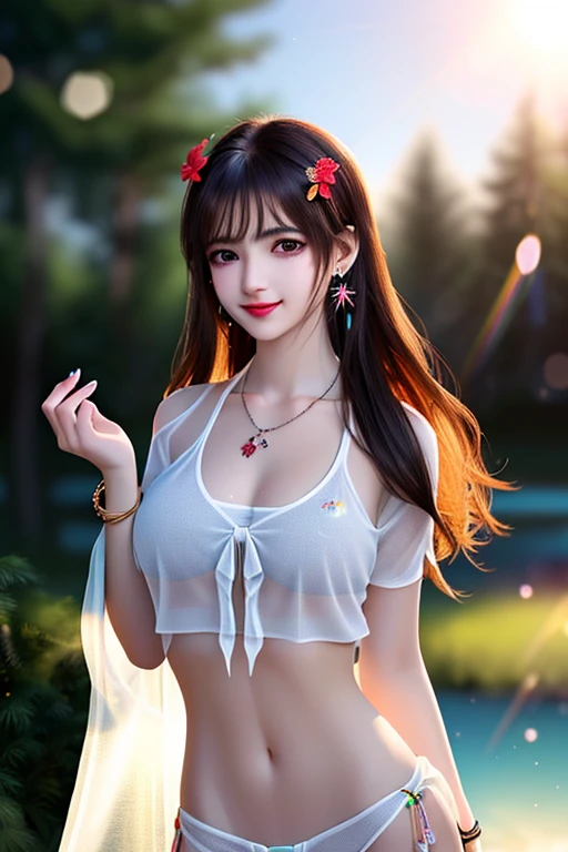 High quality, very high resolution, large size, full color, skin with fine details, eyes with fine details, digital painting illustration, 4K image quality, 1 girl, ((cute and beautiful girl), whole body, 18 years old, cup d breasts, (long red hair), hibiscus hair ornament, (cute and beautiful black eyes), smile,(rainbow gater bikini), wearing a wet white T-shirt, see-through navel, necklace, earrings, wet body, river, raining, spring , (glow with beautiful details), light particles, lens flare, HDR, (Rembrandt lighting), colorful reflections, film reflections,pine trees in the background