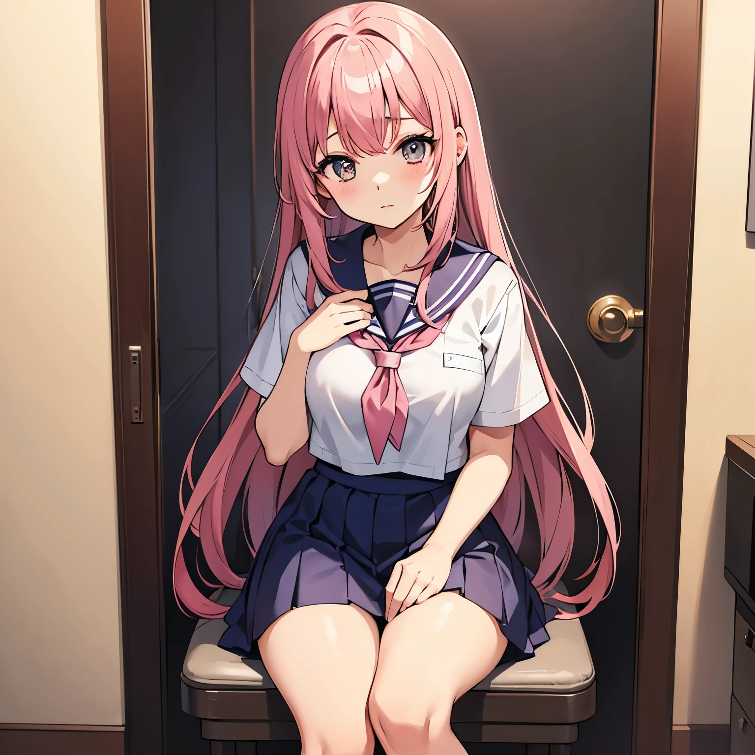 A pink-haired high school girl in a sailor uniform who is unwell in the nurse's office、Take the syringe and stick it in your ass。.