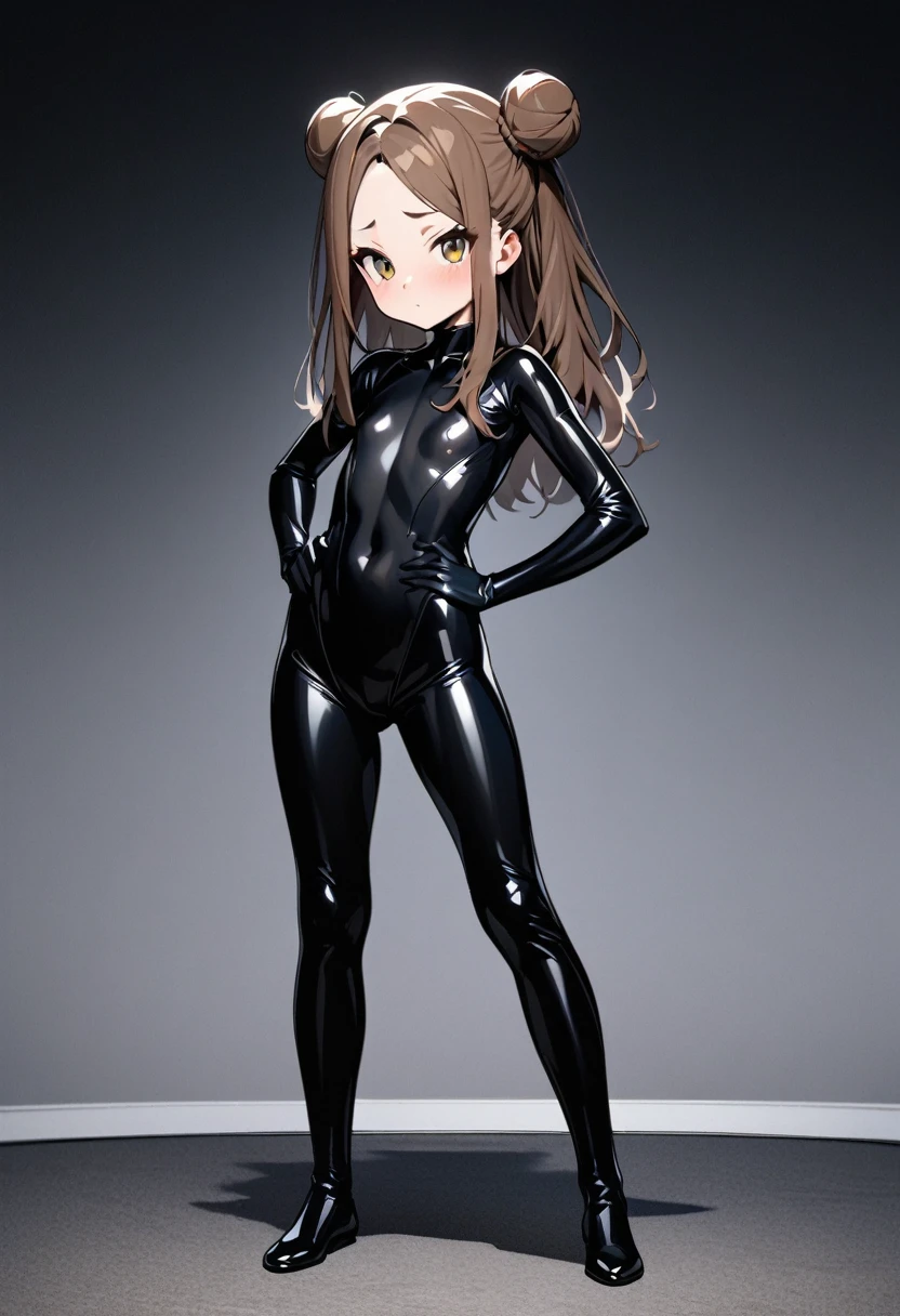 masterpiece, highest quality, ultra-definition, beautiful definition, one girl, solo, 12-year-old woman, stand up straight,full body, black bodysuit, black rubber suit,brown hair, bun hair,long hair,flat chest,