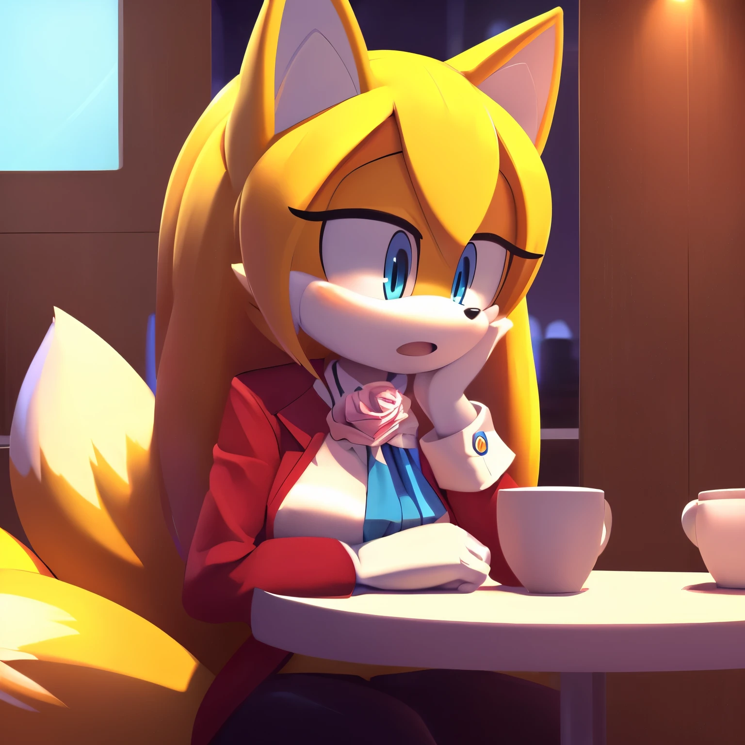 score_9, score_8_up, score_7_up, 2D, cafe background, ((Masterpiece)), high quality, studio quality, ((((solo)))), ((((1girl)))), (((Tails the Fox but female))), Female Tails, Female, Mobian, Fox, (((light yellow fur))), (((long light yellow hair))), ((Long hair)), makeup, light blue eyes, ((above shoulder)), portrait, large bust, milf, Jewel the Beetle cosplay, Jewel outfit, ((looking at herself)), puzzled expression, scared, open mouth, ((embarrassed expression)), on a date, sitting at table, window, night, lower back length hair, long hair, (hair bangs), large hair bangs, ((nervously/scared)), furry female anthro, (((looking down at her own chest))), ((long sleeved rose red blazer)), ((((white cravat)))), cut off body