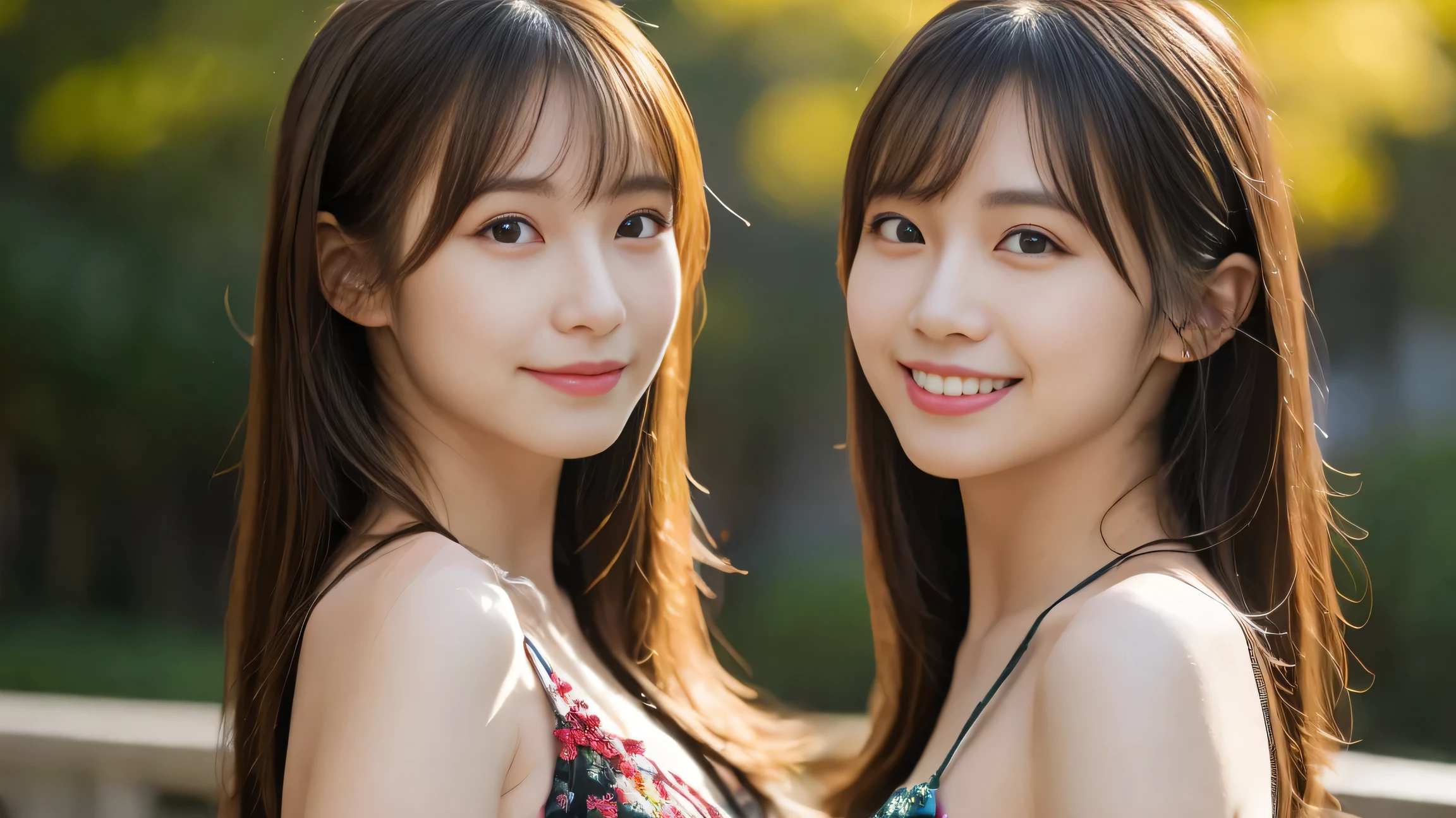 (((masterpiece, 1 beautiful girl, Detailed eyes, Swollen eyes, Highest quality, 超High resolution, (reality: 1.4), Light, Japanese, Trendy Korean cosmetics、Asian Beauties, Very very beautiful, Beautiful skins, Slender, Forward-facing body, (超reality的な), (High resolution), (8K), (Very detailed), ( Best illustrations), (Beautiful and detailed eyes), (Ultra-detailed), (wallpaper), Detailed face, Bright lighting, Professional Lighting, Looking at the audience, Look straight ahead、Pixie Cut、Sexy Swimsuit:1.4、The background is a bit blurred、Hair color is black、Hair color is partly bright blue、Japanese schoolgirl、Provocative and sexy bikini:1.4、Great smile、Eye color is brown、huge 、ponytail))), BREAK 1人の少女, solo,((Brown Hair:1.5)), reality的な, reality的な, Looking at the audience, ((Brown long hair:1.4)), Pink, lips, Outdoor, Upper body、Big eyes、Eyelashes、((Shining beautiful landscape))、(((Long hair with bangs、Shiny Blonde、Big eyes、large full chest、Intensely accentuates the eyes、Staring at the audience、Beautiful beauty、Listen carefully、Long neck、Smile a little、Please close your mouth and laugh、Ideal body proportions)))、{huge|big|hugeな|Mega} chest, chestの谷間、Wet Skin:1.2、(((Naughty expression、Watery eyes、Looking up、Sexy pose:1.2))), BREAK absurdres, highres, ultra detailed, BREAK (1girl:1.3), __hair-female-short__, BREAK from front, BREAK beach scene, Cowboy Shot, thigh:1.2, t-shirt,microbikini:1.5,pink,skyblue