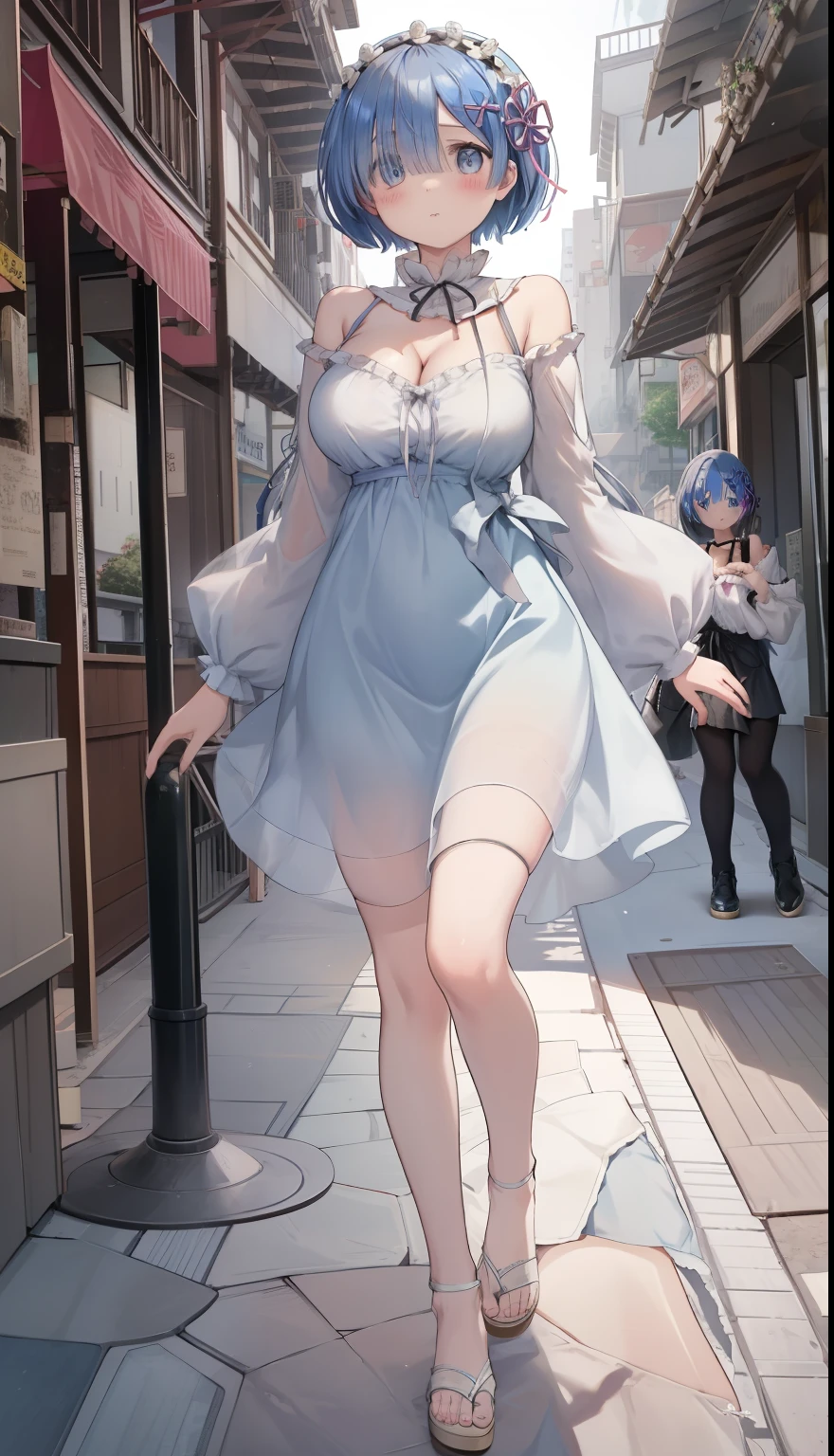 One Girl、Rem from Re:Zero、positive、Standing posture、Full body portrait、Black Hair、Medium Haircut、blush、Absolute area、No panties、No bra、barefoot、Light blue dress、Off-the-shoulder dress、（Very large breasts）、Cleavage、((Lesbians around the world))、masterpiece、（highest quality）、barefoot、White Sandals、Shirt buttons fly off、Unbutton your shirt、Exposing the breasts、In town、Main Street、In front of the station