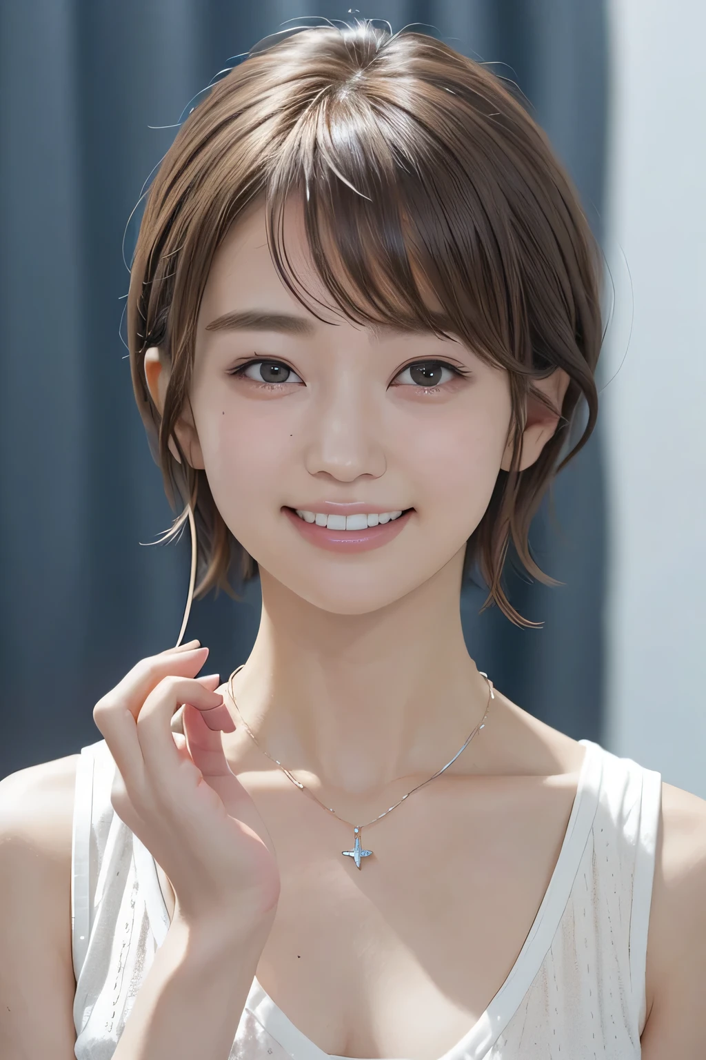 205 ((short hair)), 20-year-old female, In underwear、Put a cardigan over your shoulders、 A refreshing smile、Beautiful teeth alignment、Dark eyeliner、Dark brown hair、ear piercing、Necklace around the neck、Looking at the cameraカーディガンを袖を通さずに着る