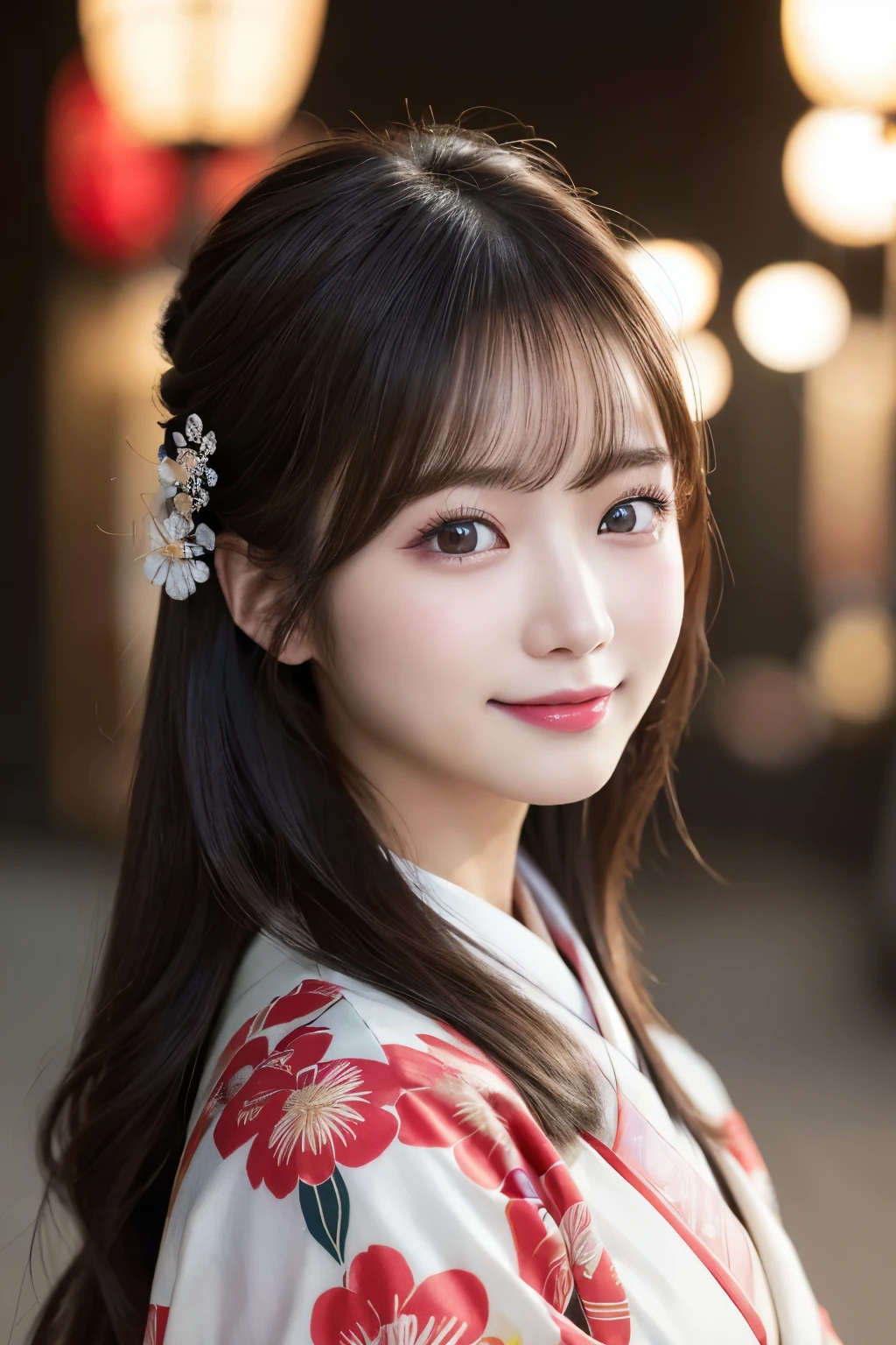 (kimono)、masterpiece、beautiful girl、Beautiful detailed eyes、highest quality, 超A high resolution, (reality: 1.2), Cinema Lighting、(Japanese Girls)、so beautiful、Beautiful Skin、(Looking at the audience)、(Surreal)、(High resolution)、(8k)、(Very detailed)、(Beautiful fine details)、(Very detailed)、 (wallpaper)、Detailed face、Bright lighting、Professional Lighting、Smile