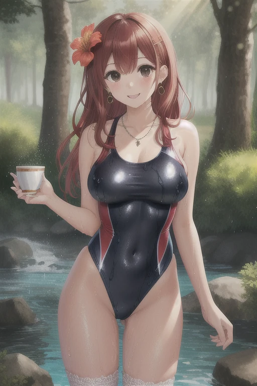 High quality, very high resolution, large size, full color, skin with fine details, eyes with fine details, digital painting illustration, 4K image quality, 1 girl, ((cute and beautiful girl), whole body, 18 years old, cup b breasts, (long red hair), hibiscus hair ornament, (cute and beautiful black eyes), smile,(brown lace swimsuit), wearing a wet white T-shirt, see-through navel, necklace, earrings, wet body, river, raining, spring , (glow with beautiful details), light particles, lens flare, HDR, (Rembrandt lighting), colorful reflections, film reflections,pine trees in the background