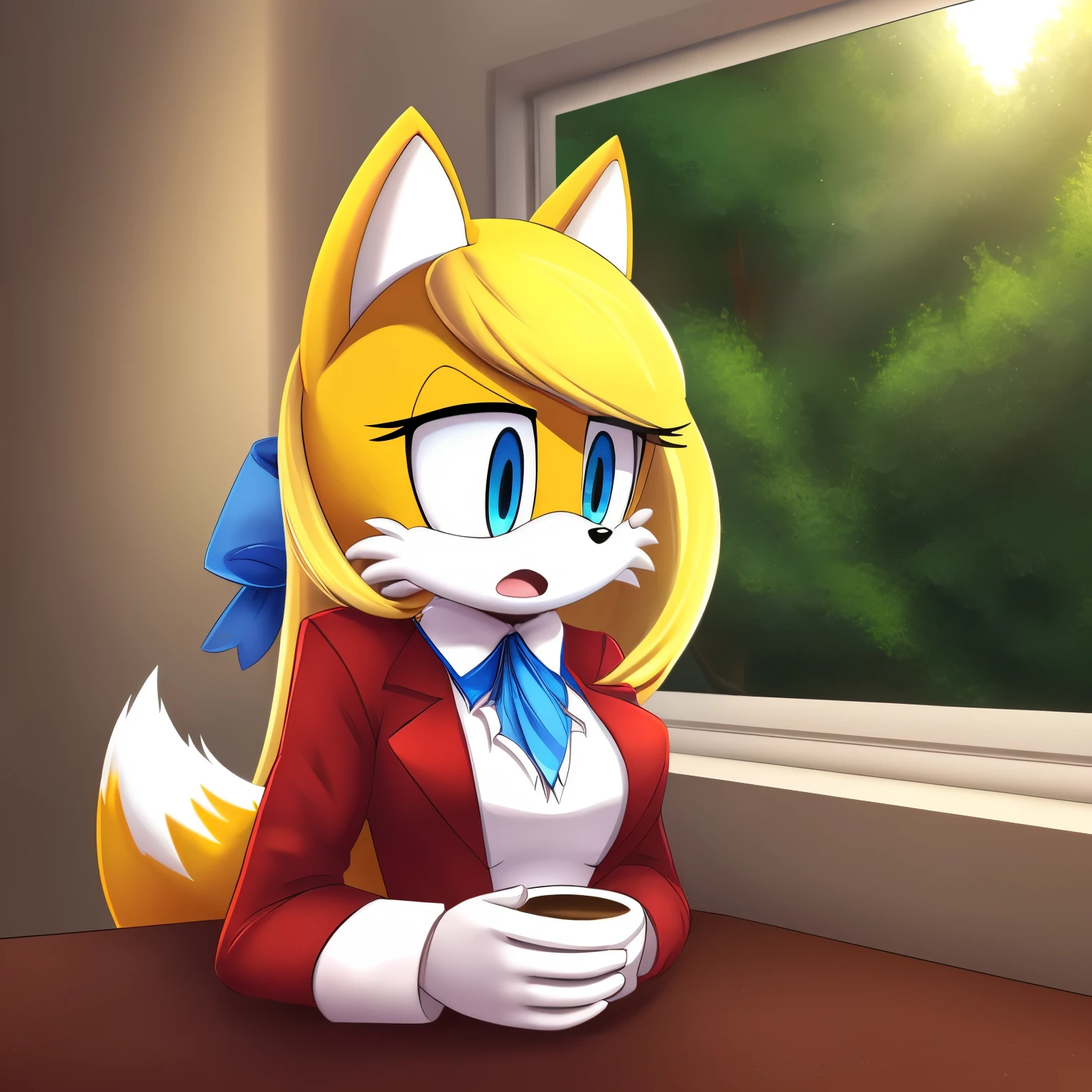 score_9, score_8_up, score_7_up, 2D, cafe background, ((Masterpiece)), high quality, studio quality, ((((solo)))), ((((1girl)))), (((Tails the Fox but female))), Female Tails, Female, Mobian, Fox, (((light yellow fur))), (((long light yellow hair))), ((Long hair)), makeup, light blue eyes, ((above shoulder)), portrait, large bust, milf, Jewel the Beetle cosplay, Jewel outfit, ((looking at herself)), puzzled expression, scared, open mouth, ((embarrassed expression)), on a date, sitting at table, window, night, lower back length hair, long hair, (hair bangs), large hair bangs, ((nervously/scared)), furry female anthro, (((looking down at her own chest))), ((long sleeved rose red blazer)), ((((white cravat)))), cut off body