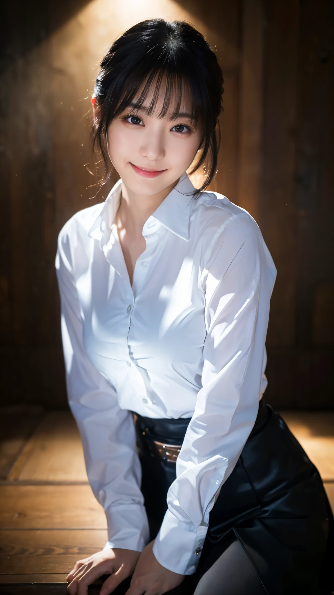 (highest quality,masterpiece:1.3,Ultra-high resolution),(Super detailed,Caustics,8k), (Photorealistic:1.4, RAW shooting),darkness,Dark studio,Japanese,20-year-old,smile,Natural Makeup,Black Hair Middle Hair,(White shirt),Big Breasts,Rim Light,Waist up shot,