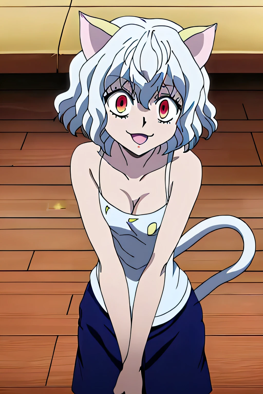 score_9, score_8_superior, score_7_superior, sauce_anime,
Neferpitou, Neferpitou, short hair, Red eyes, Animal ears, tail, Gray Hair, Cat ear, cat tail, Curly Hair, smile, Shorts, shout, Open your mouth,Bed superior、Inside the room、indoor
、View Viewer, Dutch Angle, Cowboy Shot,1 person、Lying on your back、Cat's claw、Troubled face、nsfw、Cleavage