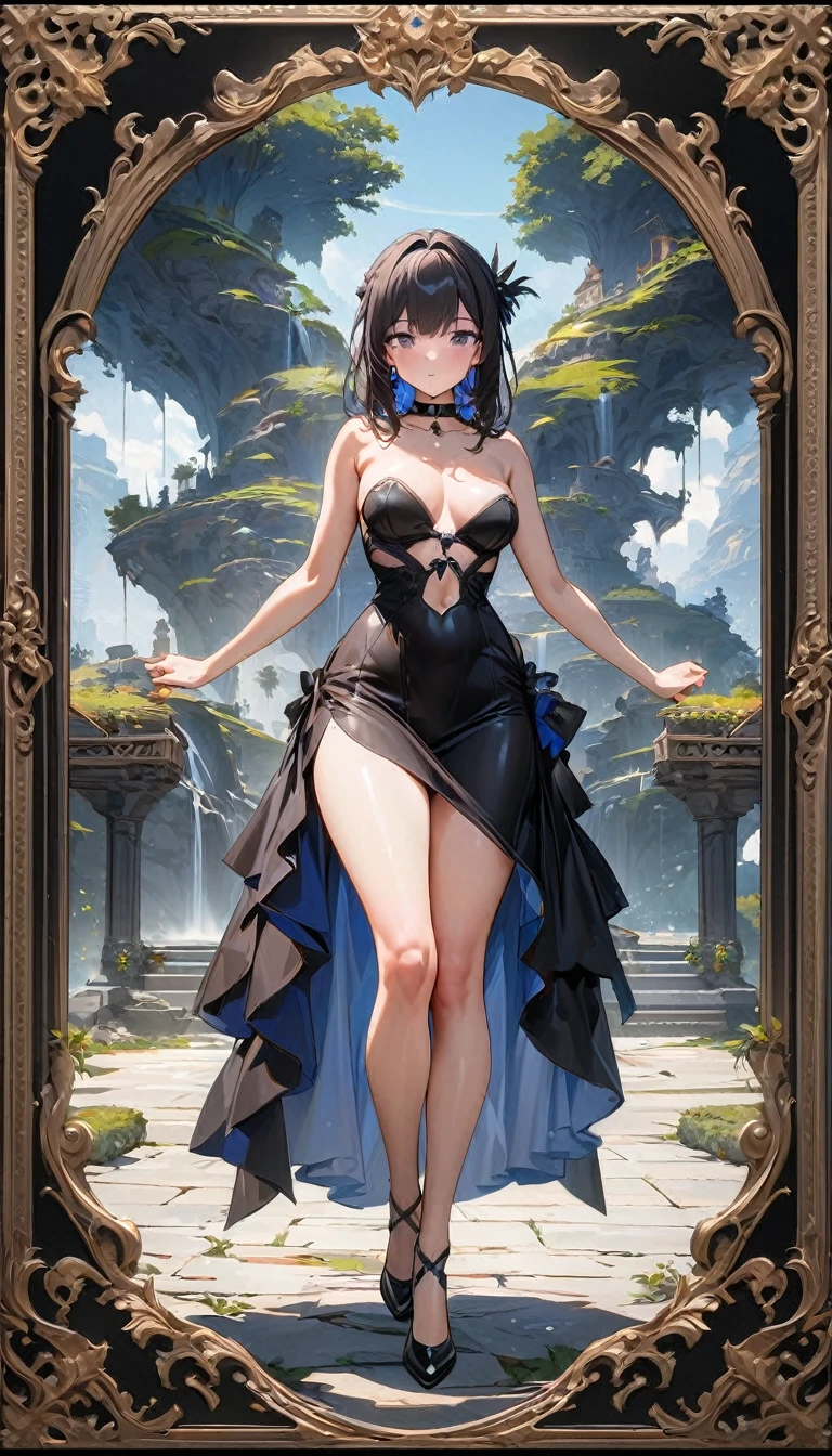 The best of Masterpiece, the best of landscapes on worldwide, Improved quality, the best of shadow, High quality, Good anatomy, Healthy body, Whole fingers, Normal digits, 16k quality image, Girl, beautiful girl, perfect body, full body, perfect girl, perfect skin, strapless dress, collar,
