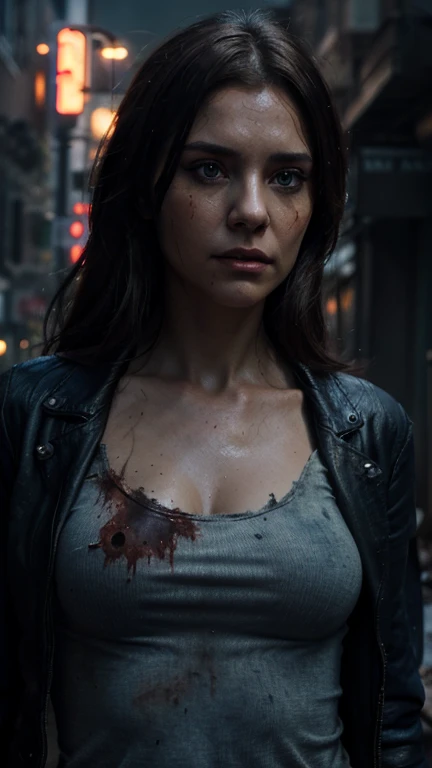 1zombie girl, detailed decay skin, decay, decay,light briwn hair, decay hair, terror movie, post post apocalyptic background, detail decay face, bright blue eyes, female, black leather jacket,blue jeans,detailed face,8k, masterpiece,  night time, ultra cinematic view,c0b13smu1d3rs2, highly detailed, digital painting, artstation, facing camera, concept art, smooth, sharp focus, illustration, art by artgerm and greg rutkowski, high definition digital art, dramatic lighting, in the style of ilya kuvshinov and Ross tran