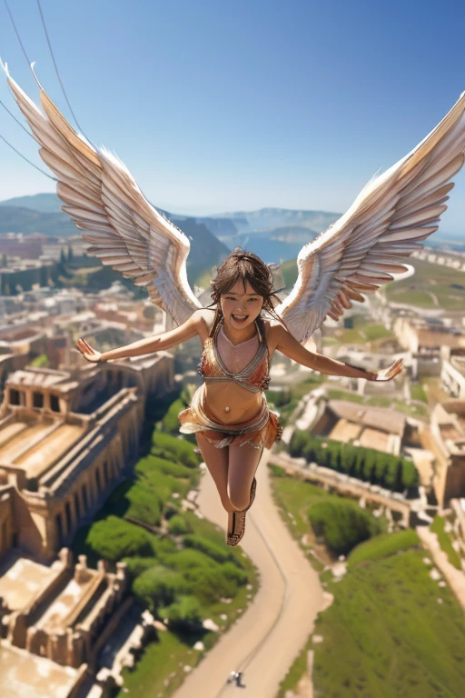 {(ultra realistic photo graphic style:1.4)}, {(1girl free_fall from 10000m above the ground:1.2), (out of focus background:1.4)}, {1girl, 18yo}, {(angel's wings:1.4),(ancient roman sandals:1.2),(navel), (sideboob)}, {(cheerful:1.4), (candid shot)},(ancient greek city:1.1)