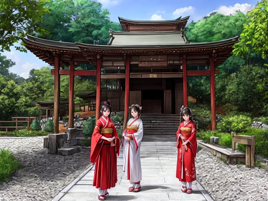Inside a rural shrine。Young girls dressed in Heian period costumes playing the role of maids are standing with smiles on their faces.。The adult chief priests of the shrine are also standing.。