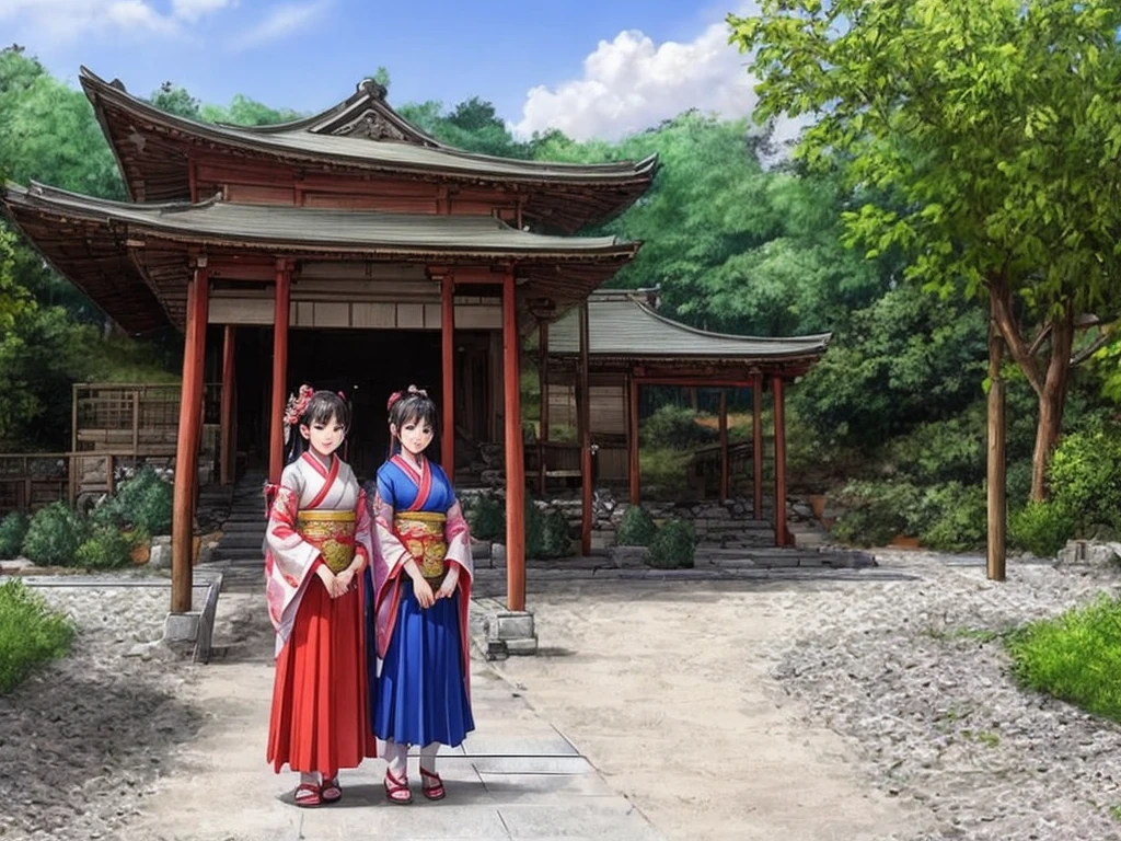 Inside a rural shrine。Young girls dressed in Heian period costumes playing the role of maids are standing with smiles on their faces.。The adult chief priests of the shrine are also standing.。