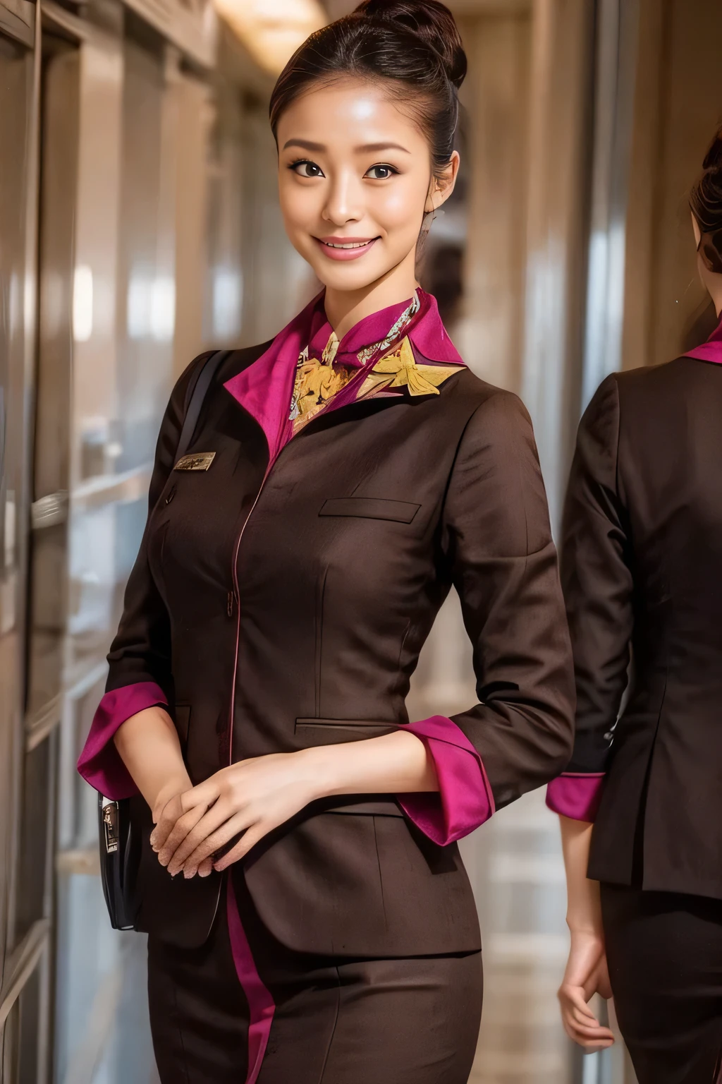 (masterpiece:1.2、highest quality:1.2)、32K HDR、High resolution、(alone、1 girl、Slim figure)、（A realistic reproduction of the ETIHAD Airways Cabincrew Uniform）、 (On board, Professional Lighting)、Background on board、A proper woman, Beautiful Face,、（Long sleeve ETIHAD Airways Cabincrew Uniform）、（ETIHAD Airways Cabincrew Uniform skirt with purple stripe on the front）、（scarf on chest）、Big Breasts、（Chignon、Long hair updo、Hair Bun）、Dark brown hair、Long Shot、（（Great hands：2.0））、（（Harmonious body proportions：1.5））、（（Normal limbs：2.0））、（（Normal finger：2.0））、（（Delicate eyes：2.0））、（（Normal eyes：2.0））)、Beautiful standing posture、Captivating look、Place your hands around your stomach