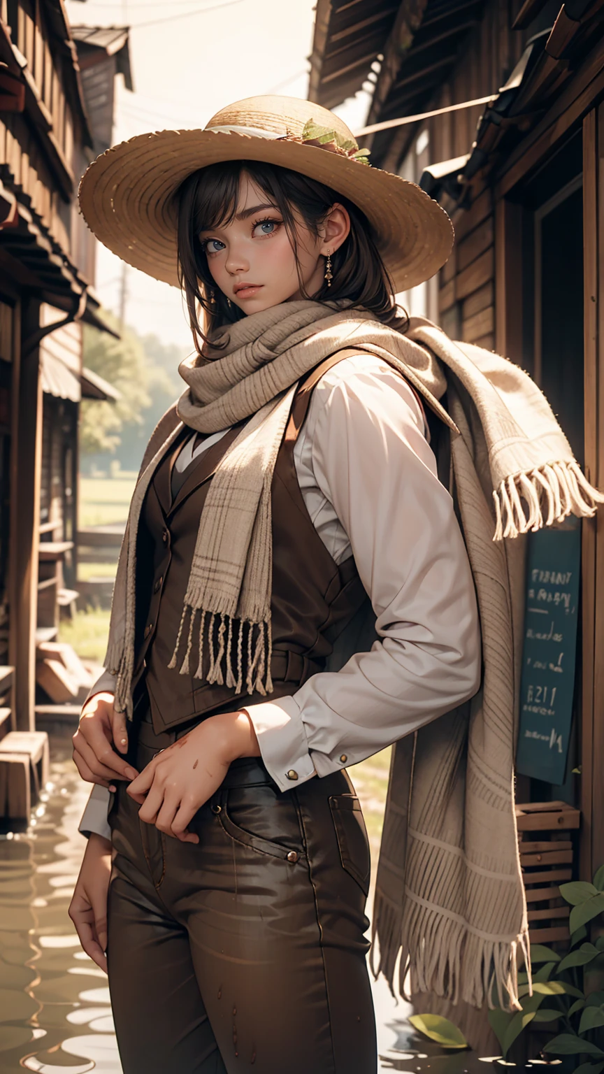 Portrait of a beautiful woman on a muddy farm:1.2 , Cowboy hat, Fringed waistcoat , pants, scarf , confidence , Mid-chest,