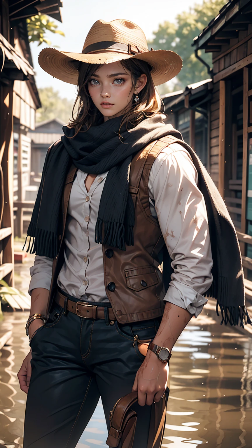 Portrait of a beautiful woman on a muddy farm:1.2 , Cowboy hat, Fringed waistcoat , pants, scarf , confidence , Mid-chest,