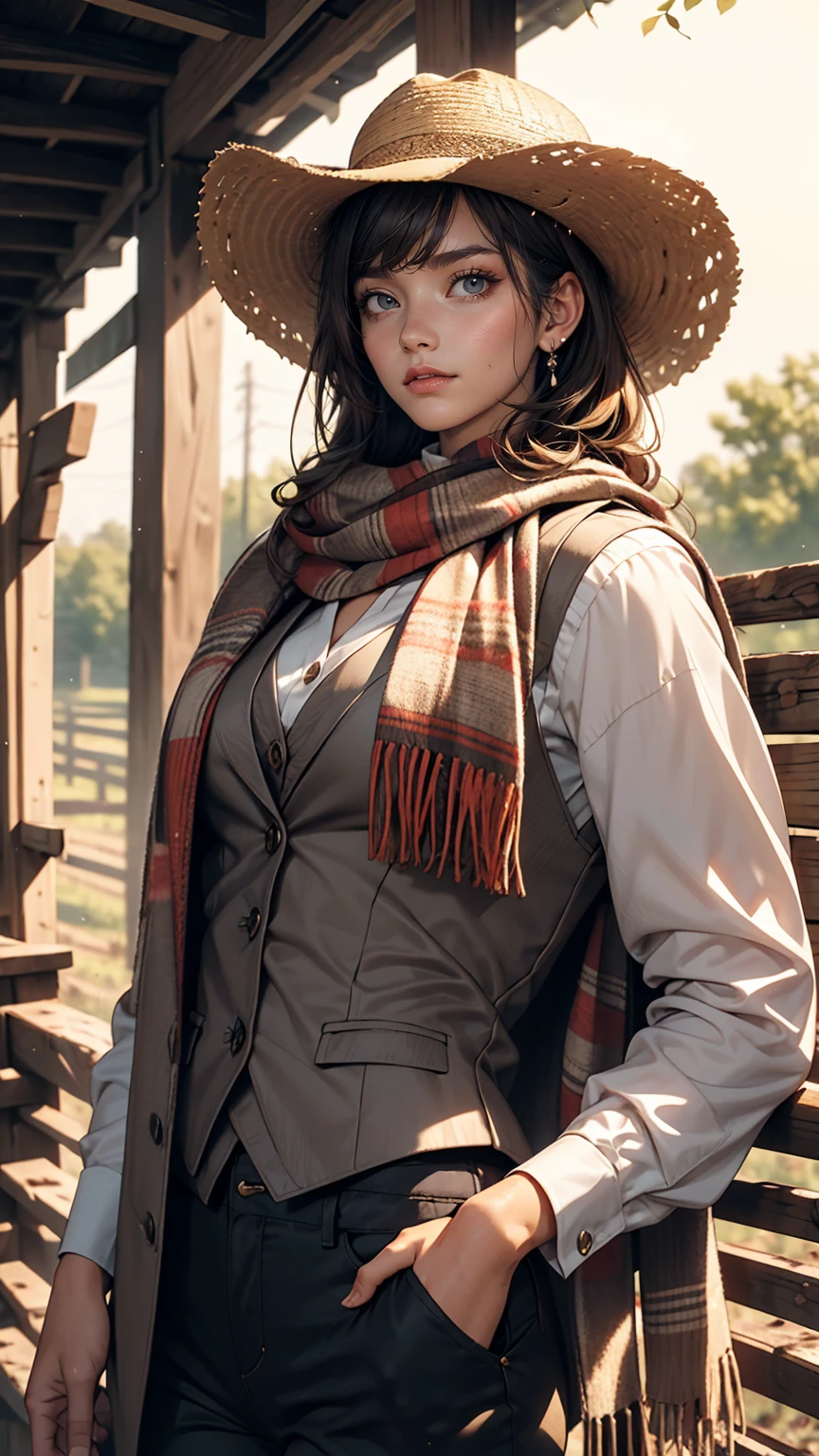 Portrait of a beautiful woman on a muddy farm:1.2 , Cowboy hat, Fringed waistcoat , pants, scarf , confidence , Mid-chest,