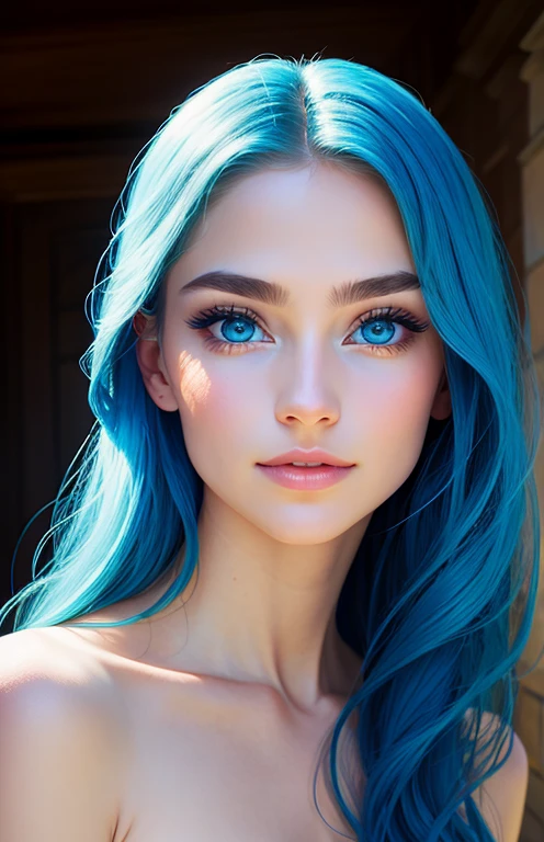 animesque、portraitures、One Person naked Pretty Woman、Moisturized eyes、no clothing、a picture、oval jaw、Beautiful face、fool body, The hair、Blue eyes with a beautiful glow、LDS Art