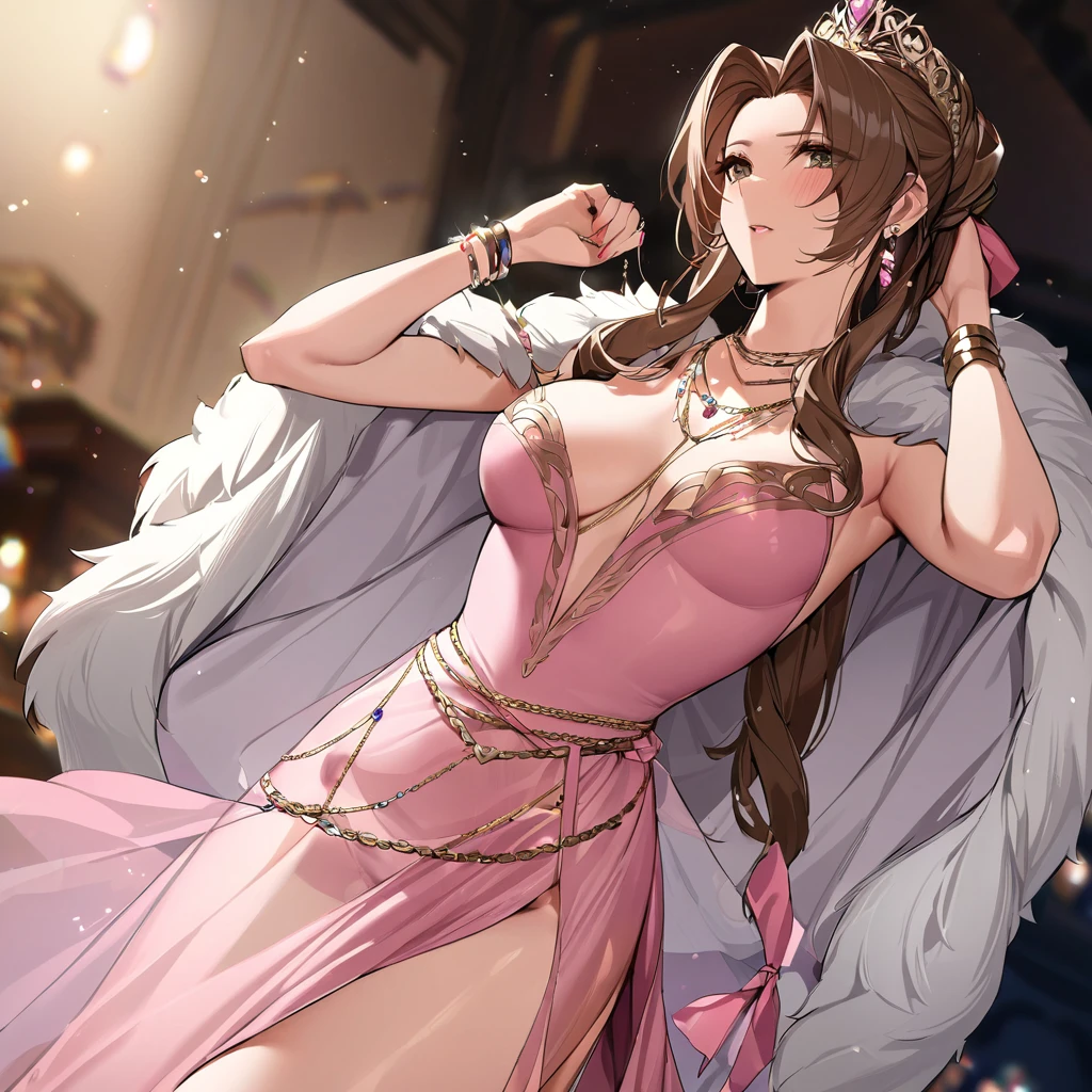 ((highest quality)), ((masterpiece)), (detailed), （Perfect Face）、The woman is Aerith, with long brown hair tied back.、A gorgeous pink see-through dress with a long slit that lets you see right through to the skin, a see-through cape with fur, a necklace with jewels, a tiara, earrings, a head dress-up chain, a waist chain, bracelets, ankle bracelets, etc.々She wears lavish jewelry and shiny pink boots.