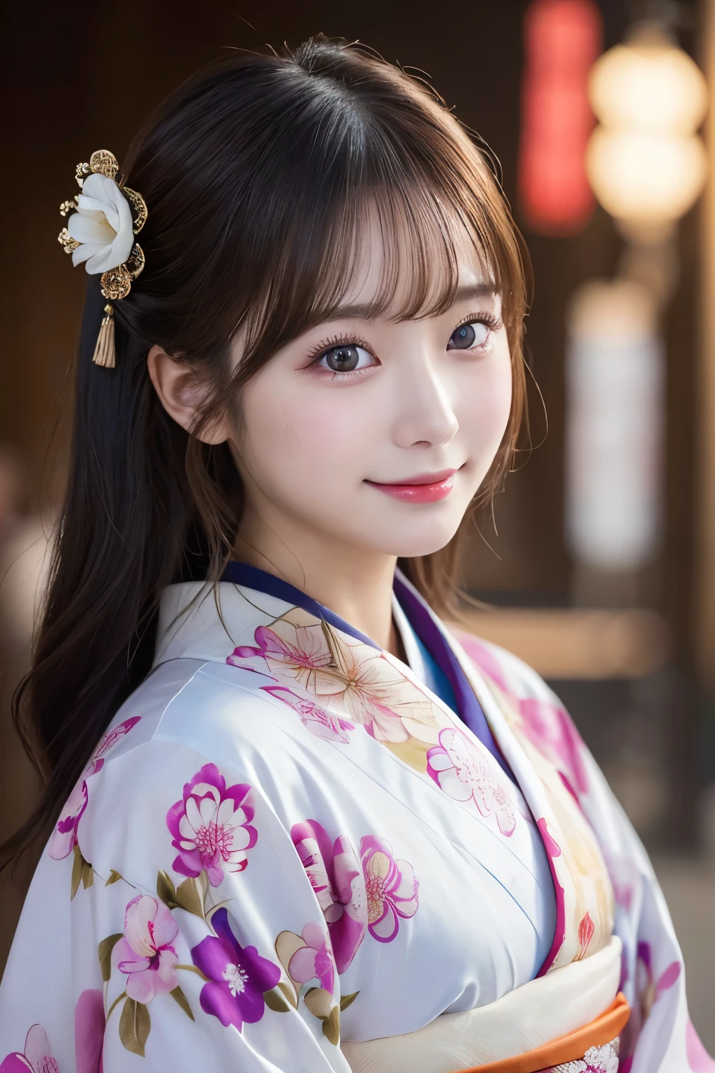 （kimono）、masterpiece、beautiful girl、Beautiful detailed eyes、highest quality, 超A high resolution, (reality: 1.2), Cinema Lighting、(Japanese Girls)、so beautiful、Beautiful Skin、(Looking at the audience)、(Surreal)、(High resolution)、(8k)、(Very detailed)、(Beautiful fine details)、(Very detailed)、 (wallpaper)、Detailed face、Bright lighting、Professional Lighting、Smile