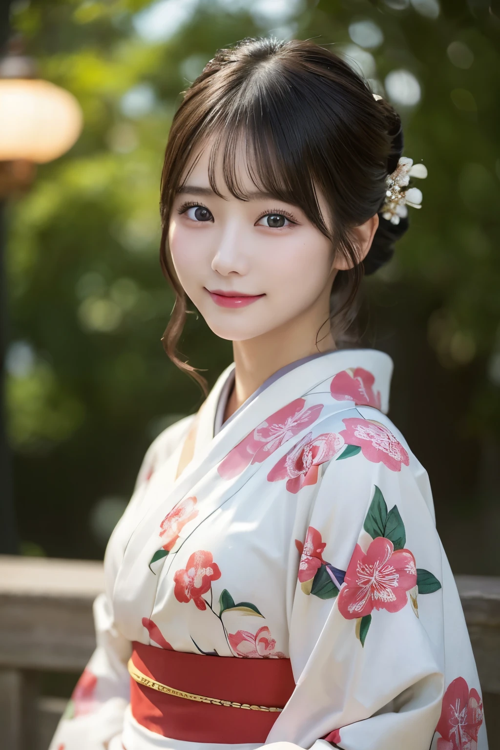 (kimono)、masterpiece、beautiful girl、Beautiful detailed eyes、highest quality, 超A high resolution, (reality: 1.2), Cinema Lighting、(Japanese Girls)、so beautiful、Beautiful Skin、(Looking at the audience)、(Surreal)、(High resolution)、(8k)、(Very detailed)、(Beautiful fine details)、(Very detailed)、 (wallpaper)、Detailed face、Bright lighting、Professional Lighting、Smile