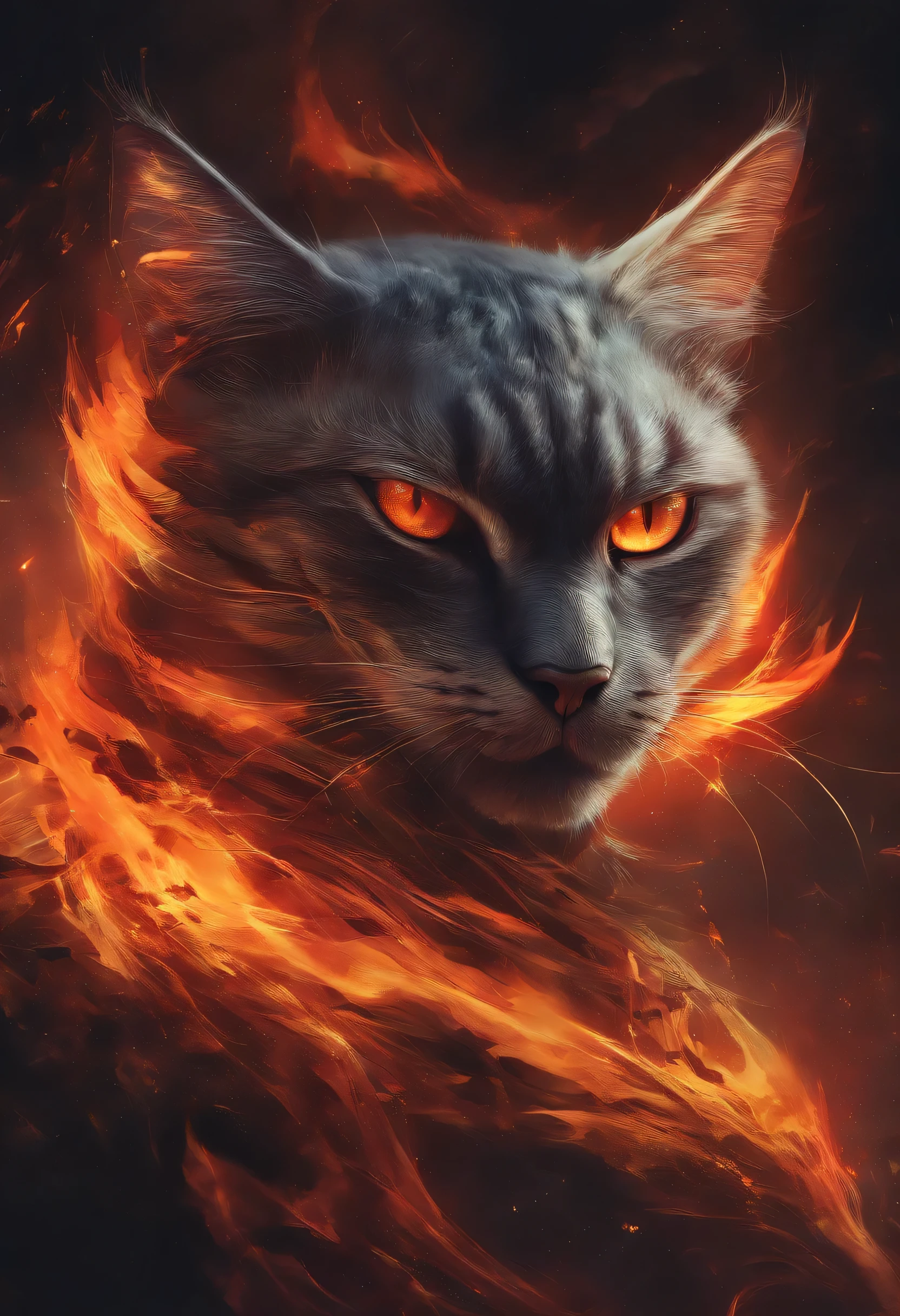 Close-up of a cat with fire on its face, Demon cat, Samurai Cat fan art, great cat, fire eyes, Samurai Cat, bright fire eyes, Cat from the void, Dark Cat God, 他有一双fire eyes, on fire, Fire!! Surrealism, Cat Warrior, fiery eyes, A painting of a cat, Angry cat