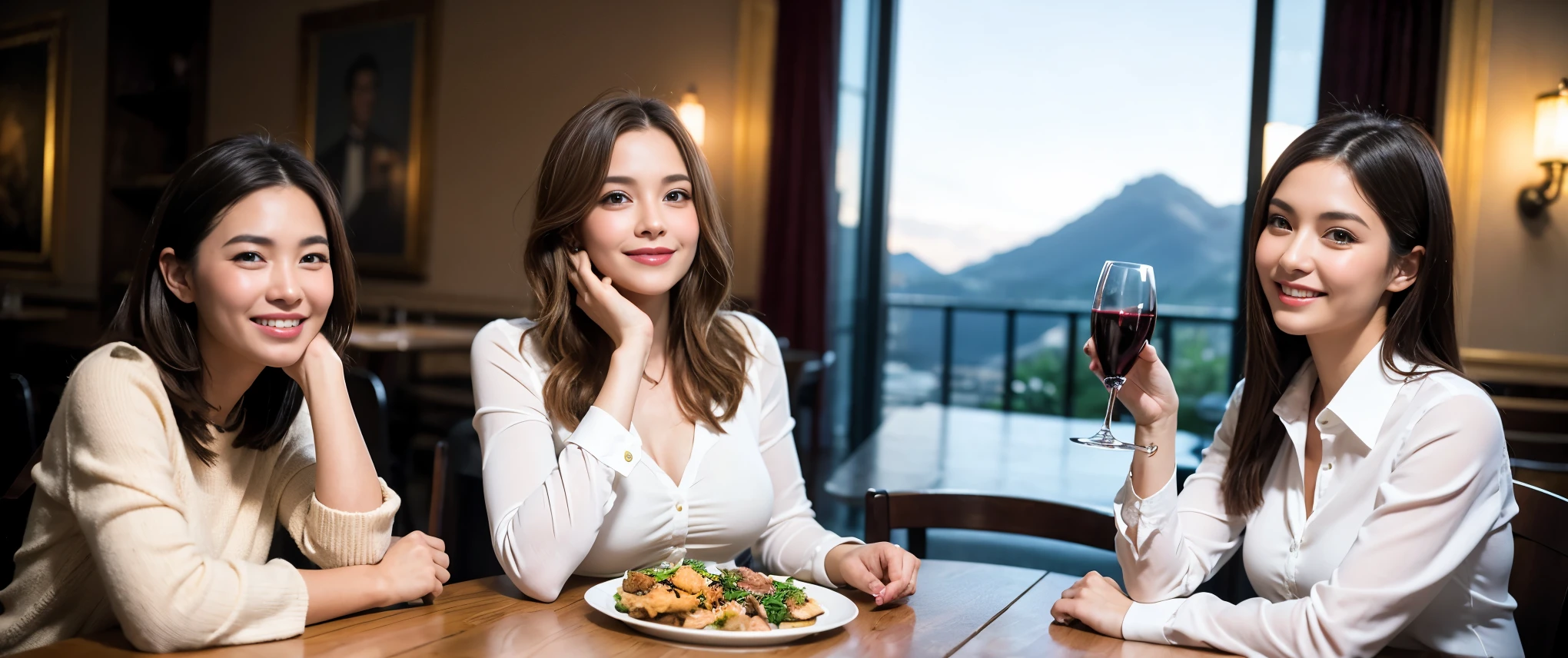 ((highest quality、8k、masterpiece:1.3))、1 male、1 female、Couple、spouse、Couple、Slim body、((Bob Hale、Straight hair:1.2)), (Realistic, Intricate details:1.2), Wine glass on the table、Shine light on your face、 Amazing view of the sunset sky and clouds、Amazing mountain views、A bright smile、The wonderfulness of smile、Bright image、The beauty of wine, Beautiful Face, blue eyes, The light shines on your face, Blushing, short hair,Bright Face、 (Age 37), 39 years old, red wine 、Appetizers、Italian food、Wine bottle、Champagne、sparkling wine、Two beauties、Brown Hair、Shortcuts、Long sleeve shirt、dress、Pretty Woman 1, (Slim face), (The body is slim), (Brown Hair), (Shortcuts), cheeks turn a little red,Attractive beauty、restaurant, In a prominent place (From the waist up) Nova Frog Style, actress, model, Upper Body, White wine, slim, wine glass, Wine glass placed in the center, smile, (smile: 1.15), Beautiful fine grain, Depth f/2,saturation, High Contrast, Strong light and shadow,Moist Body:1.5、3D texture、Delicate eyes、Brown Hair、The hair is very shiny、
