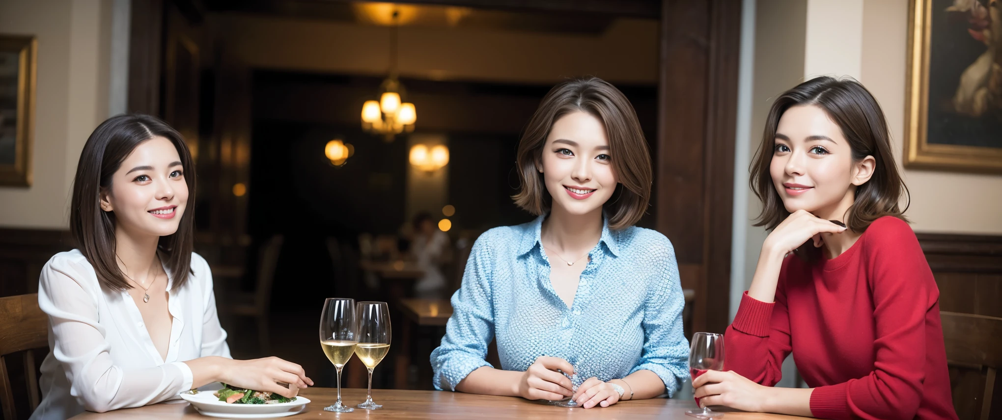 ((highest quality、8k、masterpiece:1.3))、1 male、1 female、Couple、spouse、Couple、Slim body、((Bob Hale、Straight hair:1.2)), (Realistic, Intricate details:1.2), Wine glass on the table、Shine light on your face、 Amazing view of the sunset sky and clouds、Amazing mountain views、A bright smile、The wonderfulness of smile、Bright image、The beauty of wine, Beautiful Face, blue eyes, The light shines on your face, Blushing, short hair,Bright Face、 (Age 37), 39 years old, red wine 、Appetizers、Italian food、Wine bottle、Champagne、sparkling wine、Two beauties、Brown Hair、Shortcuts、Long sleeve shirt、dress、Pretty Woman 1, (Slim face), (The body is slim), (Brown Hair), (Shortcuts), cheeks turn a little red,Attractive beauty、restaurant, In a prominent place (From the waist up) Nova Frog Style, actress, model, Upper Body, White wine, slim, wine glass, Wine glass placed in the center, smile, (smile: 1.15), Beautiful fine grain, Depth f/2,saturation, High Contrast, Strong light and shadow,Moist Body:1.5、3D texture、Delicate eyes、Brown Hair、The hair is very shiny、