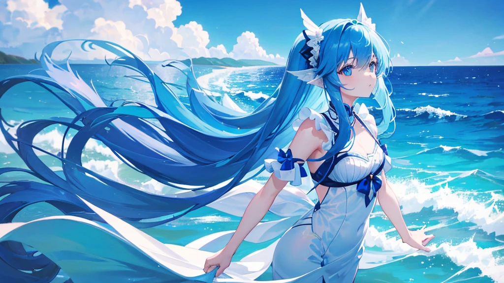 girl with blue long hair, white ribbon on her head, blue mermaid royal clothes, sea, sky, 8k resolution, cool girl