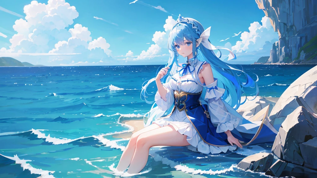 girl with blue long hair, white ribbon on her head, blue mermaid royal clothes, sea, sky, 8k resolution, cool girl