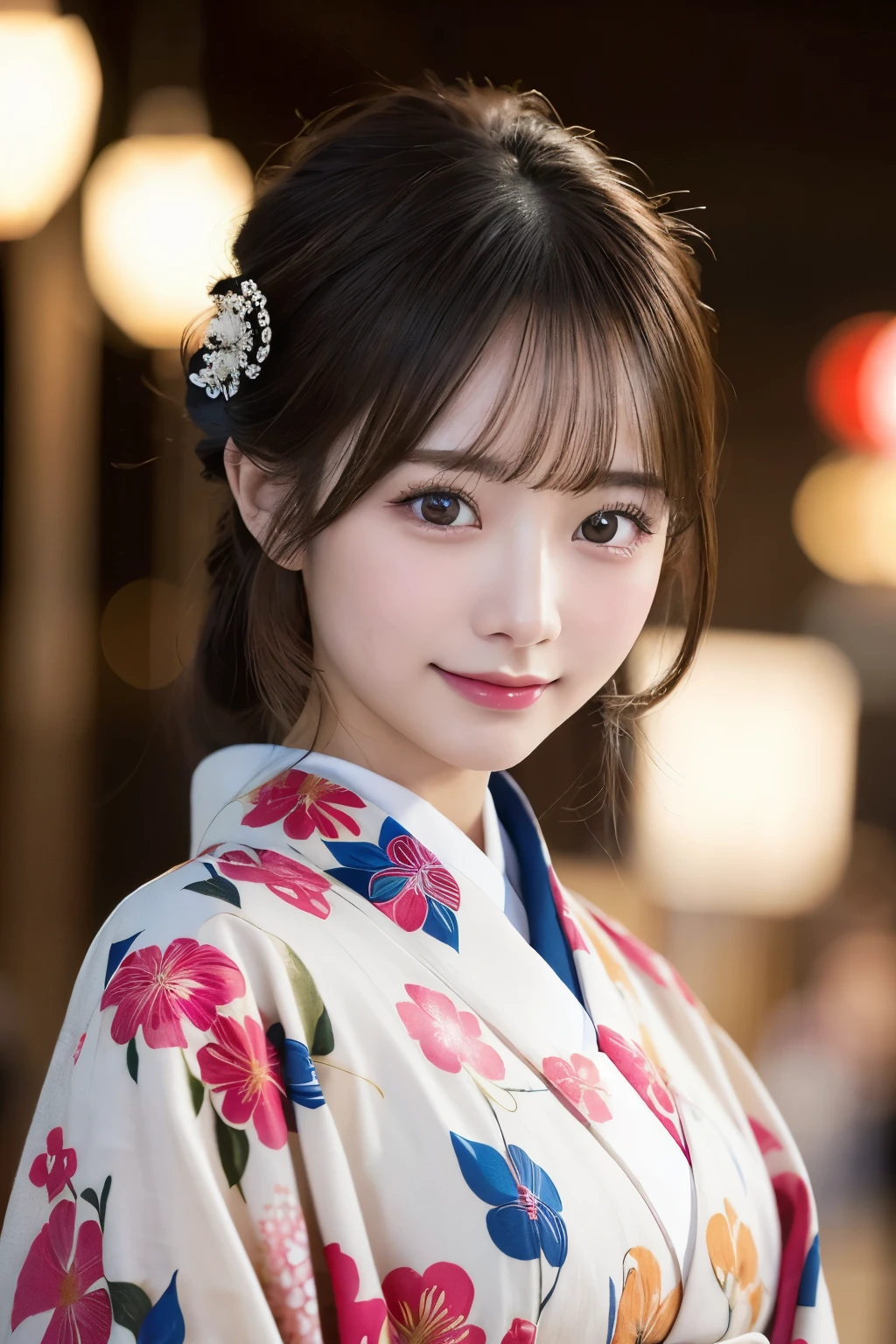 (kimono)、masterpiece、beautiful girl、Beautiful detailed eyes、highest quality, 超A high resolution, (reality: 1.2), Cinema Lighting、(Japanese Girls)、so beautiful、Beautiful Skin、(Looking at the audience)、(Surreal)、(High resolution)、(8k)、(Very detailed)、(Beautiful fine details)、(Very detailed)、 (wallpaper)、Detailed face、Bright lighting、Professional Lighting、Smile