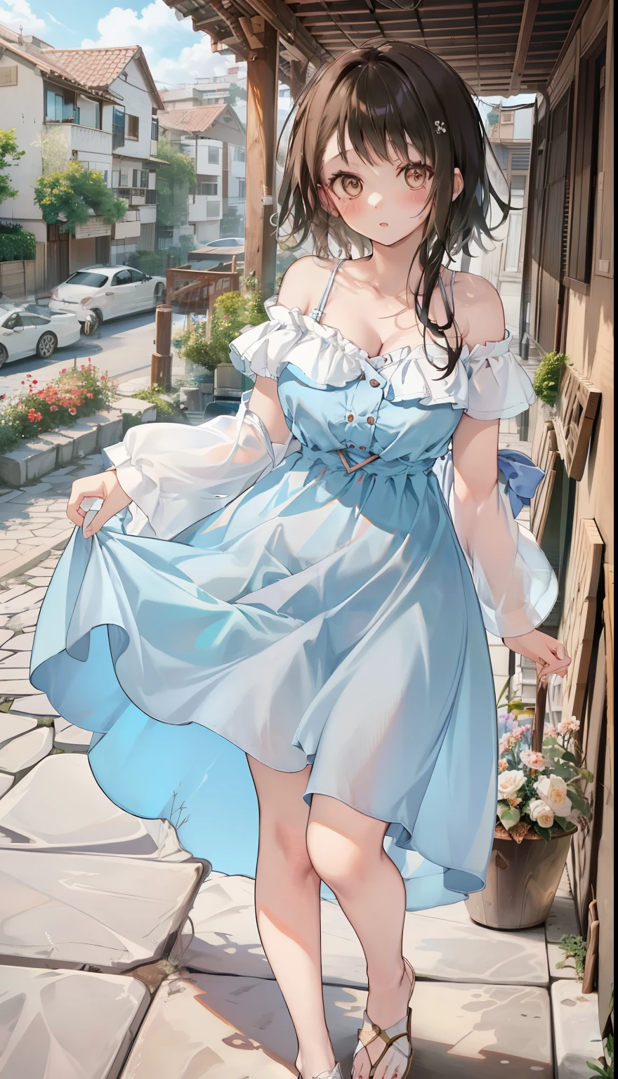 One Girl、positive、Standing posture、Full body portrait、Black Hair、Medium Haircut、blush、Absolute area、No panties、No bra、barefoot、Light blue dress、Off-the-shoulder dress、（Very large breasts）、Cleavage、((Lesbians around the world))、masterpiece、（highest quality）、barefoot、White Sandals、Shirt buttons fly off、Unbutton your shirt、Exposing the breasts、From below、garden、Outdoor