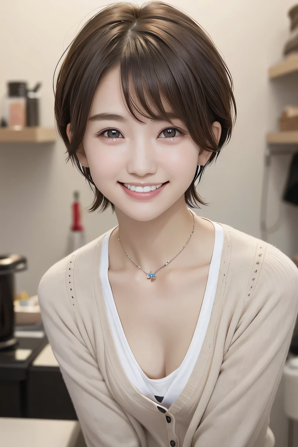 205 ((short hair)), 20-year-old female, In underwear、cardigan、 A refreshing smile、Beautiful teeth alignment、、Dark brown hair、ear piercing、Necklace around the neck、Looking into the camera
