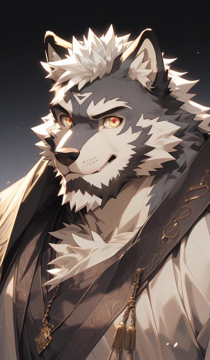 hairy，（Wolf，Q version style：1.3）beard，Golden pupils，White fur，expression，Q version male，Smile，Half-length photo，Real background，极其lifelike阴影，masterpiece，Very detailed，lifelike。