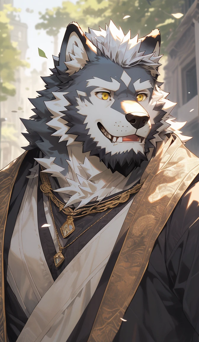 hairy,(Wolf,Q version style:1.3)beard,Golden pupils,White fur,expression,Q version male,Smile,Half-length photo,Real background,极其lifelike阴影,masterpiece,Very detailed,lifelike。