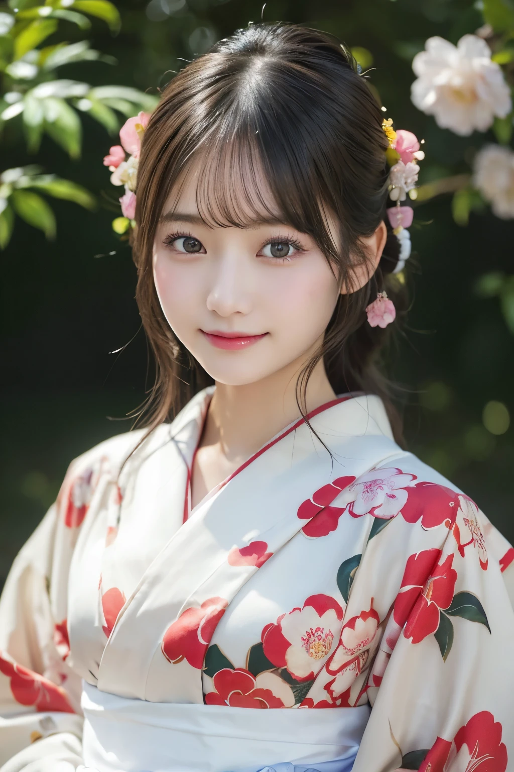 (kimono)、masterpiece、beautiful girl、Beautiful detailed eyes、highest quality, 超A high resolution, (reality: 1.4), Cinema Lighting、(Japanese Girls)、so beautiful、Beautiful Skin、(Looking at the audience)、(Surreal)、(High resolution)、(8k)、(Very detailed)、(Beautiful fine details)、(Very detailed)、 (wallpaper)、Detailed face、Bright lighting、Professional Lighting、Smile