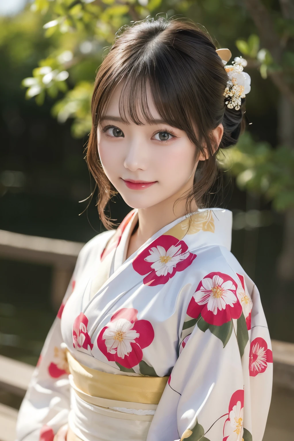 (kimono)、masterpiece、beautiful girl、Beautiful detailed eyes、highest quality, 超A high resolution, (reality: 1.4), Cinema Lighting、(Japanese Girls)、so beautiful、Beautiful Skin、(Looking at the audience)、(Surreal)、(High resolution)、(8k)、(Very detailed)、(Beautiful fine details)、(Very detailed)、 (wallpaper)、Detailed face、Bright lighting、Professional Lighting、Smile