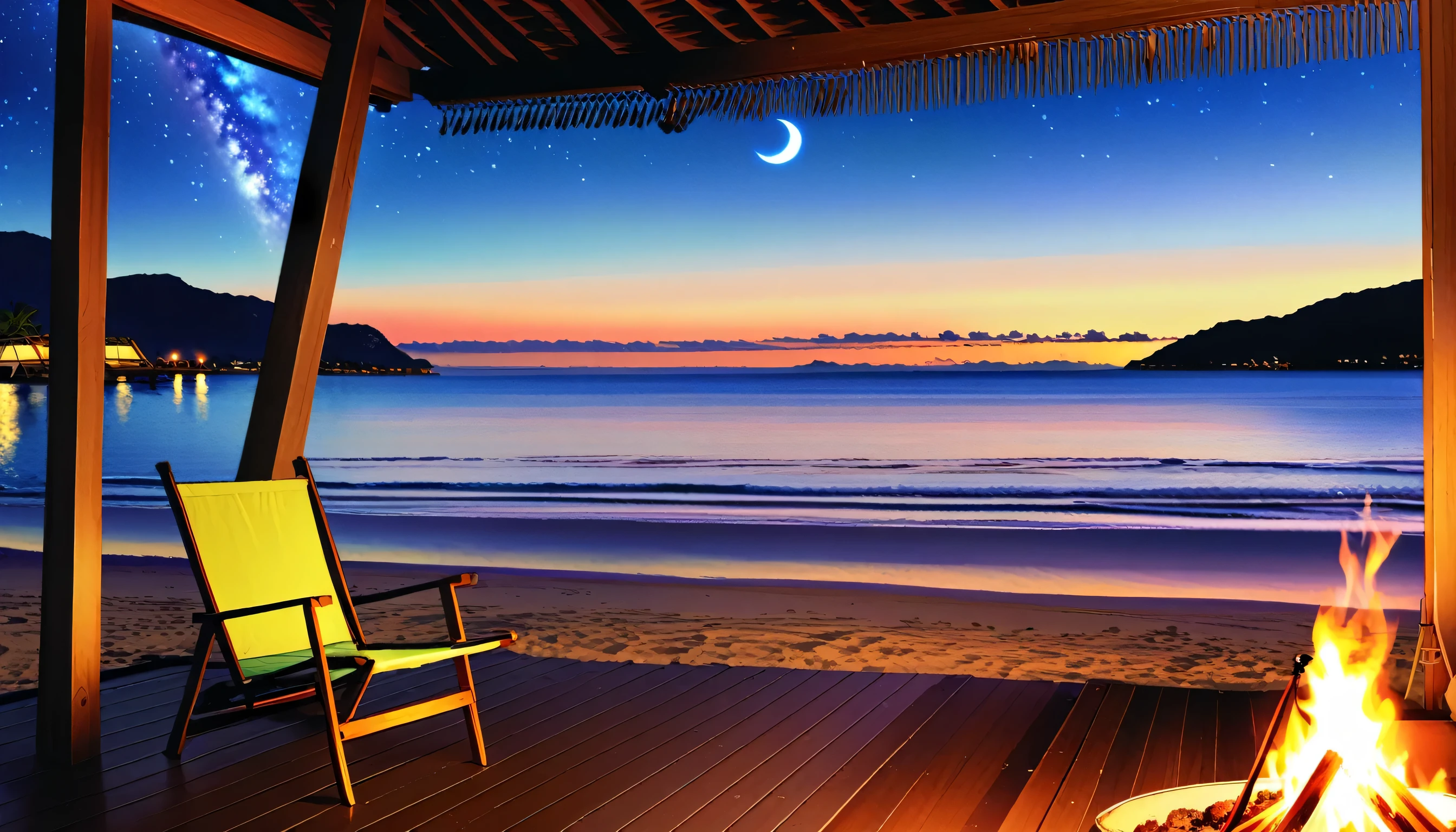 High fidelity Photograph、beach campsite、bonfire、beautiful sandy beach、The crescent moon is beautiful、tent、unburned bonfire、Grill、deck chair、starry、Quiet place、beautful view、lamplight、there was no one。