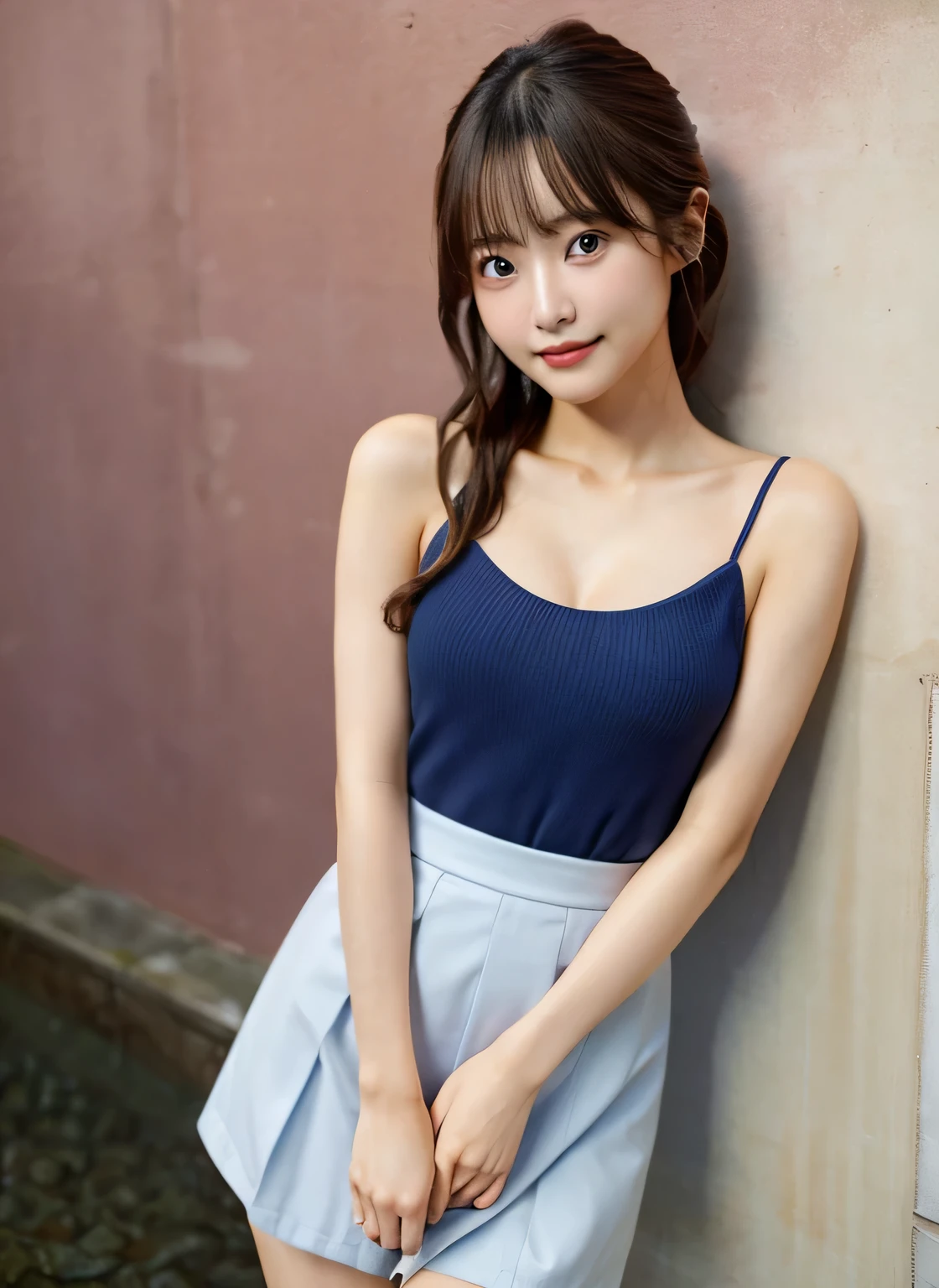 (masterpiece:1.3)、14 years old、Shapely small breasts、slender、Slim body、Very fine finish、(High resolution、8k:1.3)、highest quality、Beautiful Hands、Beautiful Hands指、(Ultra-realistic as a photo:1.3), Ultra High Resolution Face、The face is in focus、Ultra high definition and beautiful eyes、(Concentrated eyes:1.3)、(Eyes are symmetrical:1.3)、High quality and beautiful skin、Firm Skin、Natural Makeup、Gloss lips, Ultra HD Hair Texture、Japanese women、high school girl、(超High resolution)),8K,14 years old、Leaning forward to reveal cleavage、Small breasts、Flat Chest、Small breasts, , Very short hairstyle,  Blue mini skirt, Navy blue Y-shirt、Small breasts cleavage 2:1,Idol Sculpture, Wet, smile、Pink wall、sexy、slender、Well-shaped small breasts、I can see your thighs,Nogizaka Idol、smile、cute、