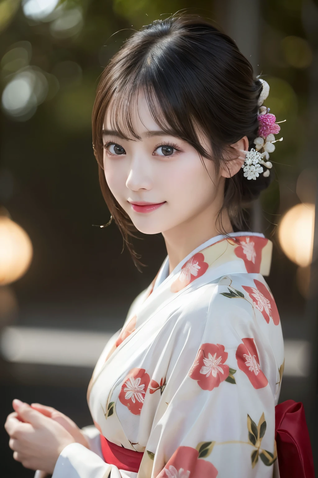 (kimono)、masterpiece、beautiful girl、Beautiful detailed eyes、highest quality, 超A high resolution, (reality: 1.4), Cinema Lighting、(Japanese Girls)、so beautiful、Beautiful Skin、(Looking at the audience)、(Surreal)、(High resolution)、(8k)、(Very detailed)、(Beautiful fine details)、(Very detailed)、 (wallpaper)、Detailed face、Bright lighting、Professional Lighting、Smile