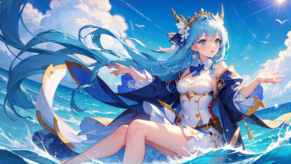girl with blue long hair, white ribbon on her head, blue mermaid royal clothes, sea, sky, 8k resolution, cool girl, fish