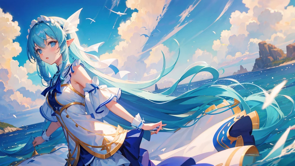 girl with blue long hair, white ribbon on her head, blue mermaid royal clothes, sea, sky, 8k resolution, cool girl, fish